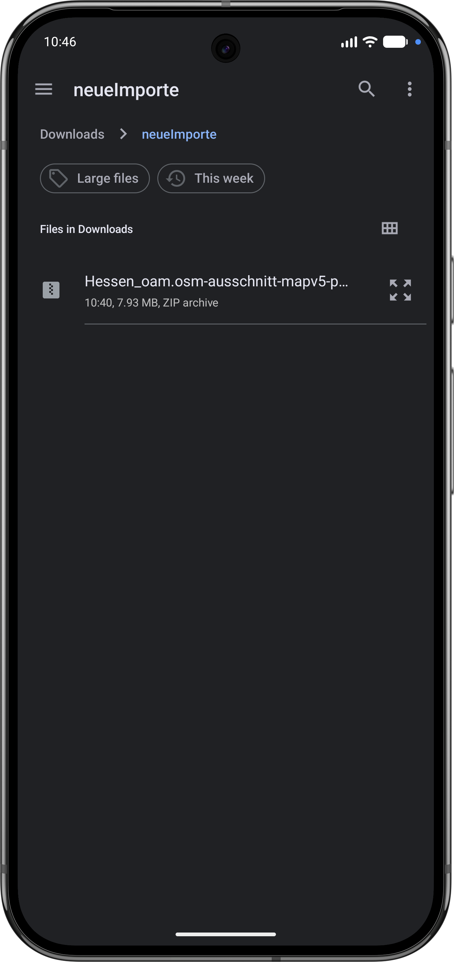 Android-Dateiauswahl mit dem 7,93 MB großen MapTools-ZIP-Paket.