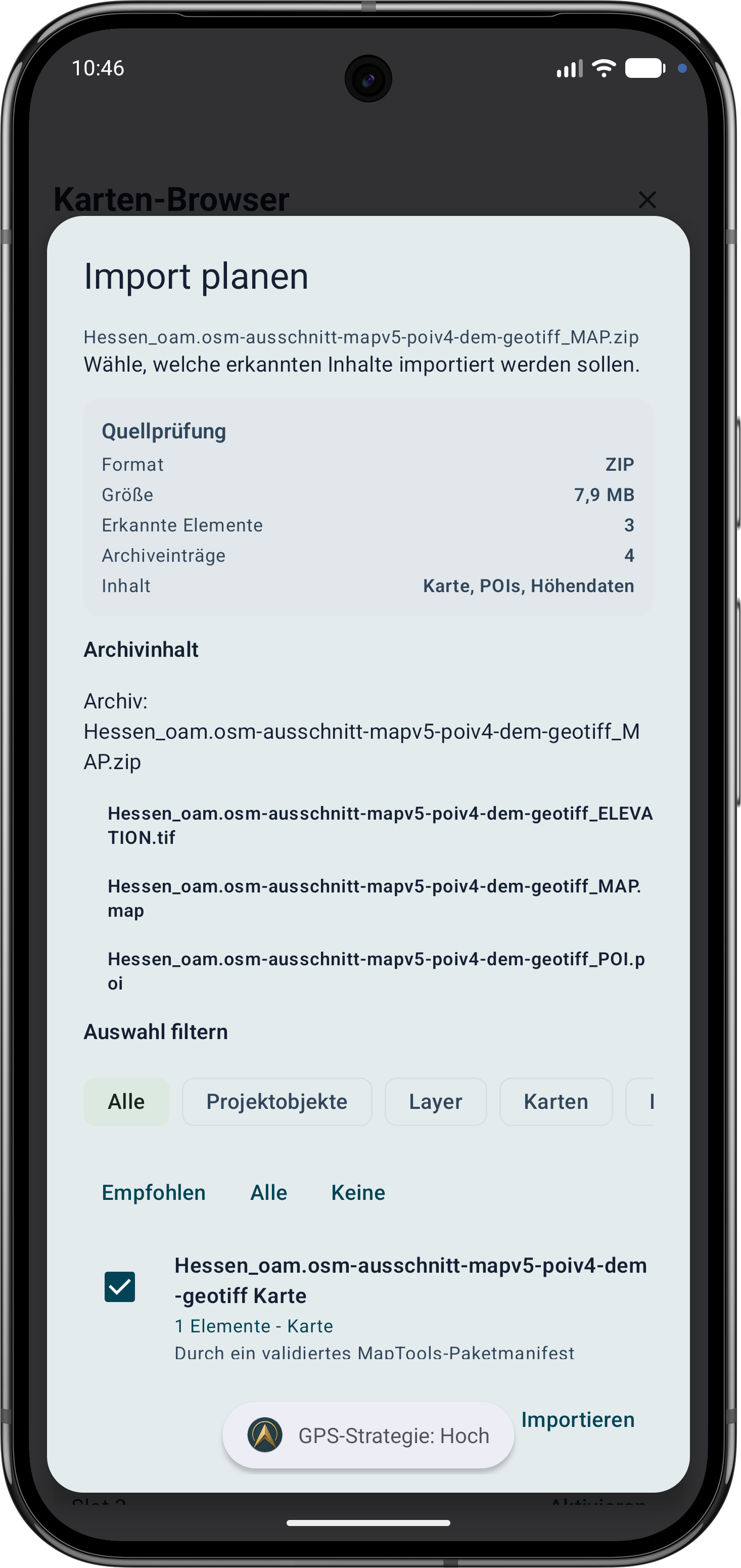 MapTools erkennt das geprüfte ZIP-Paket mit Karte, POIs und Höhendaten und bereitet den Import vor.