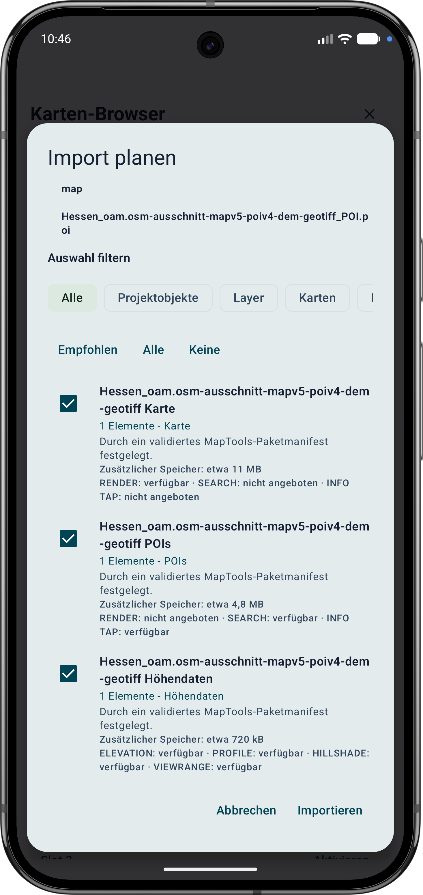 Importdetails für Karte, POIs und Höhendaten mit Speicherbedarf und verfügbaren Funktionen.
