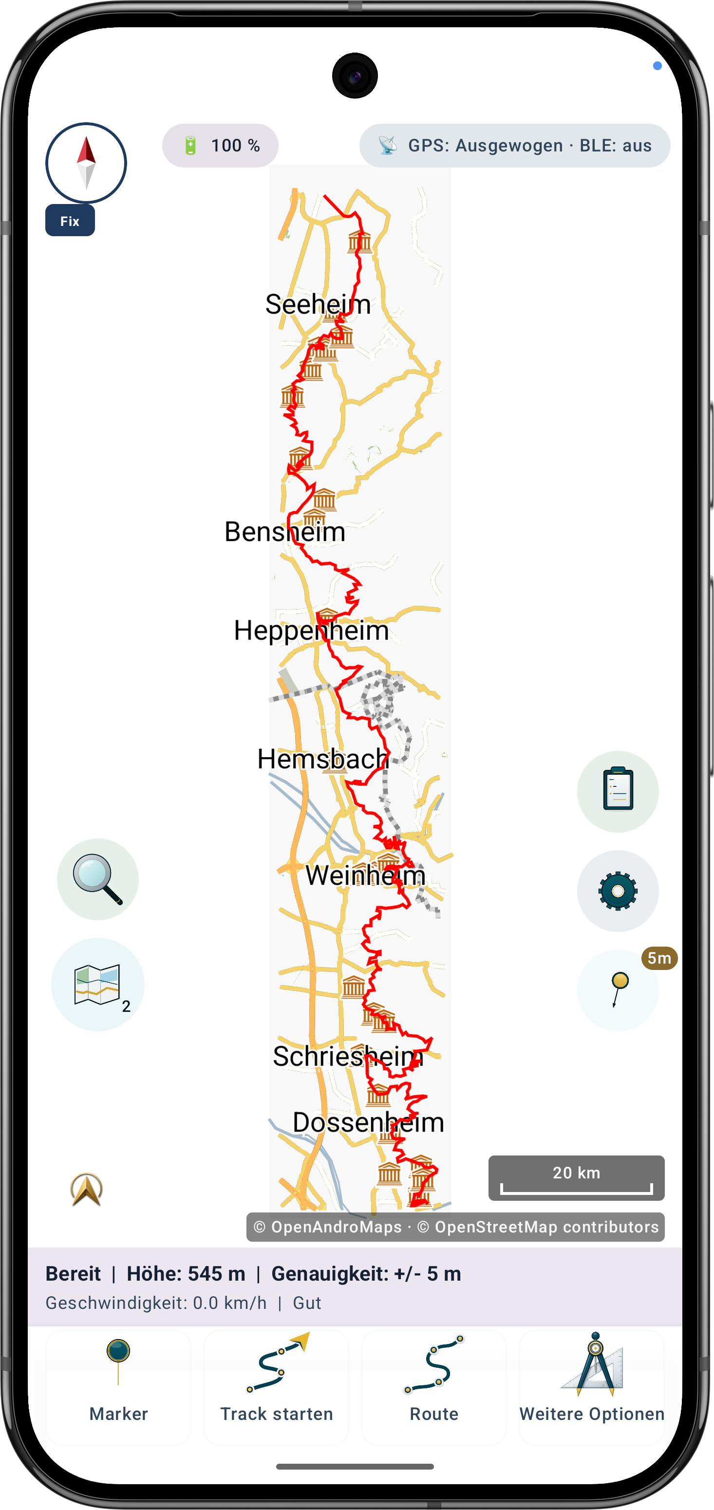 Der importierte Routenkorridor mit Offline-Karte, POIs und Track in MapTools.