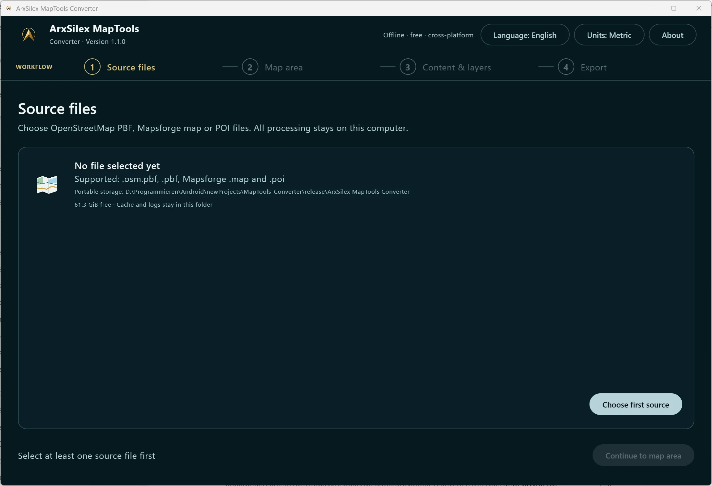 Open local .osm.pbf, .pbf, Mapsforge .map and .poi files. One .map and one companion .poi can be loaded together, and POI-only files can also be cropped.