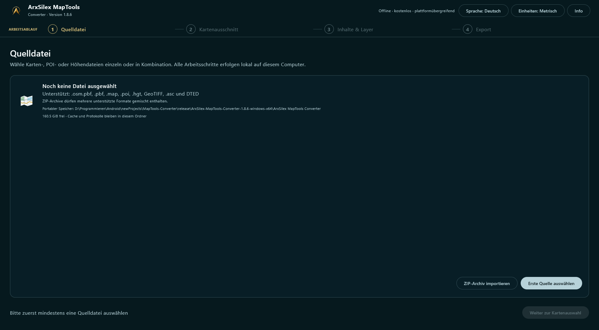 Startseite des MapTools Converter zur Auswahl der ersten lokalen Karten-, POI- oder Höhendatei.