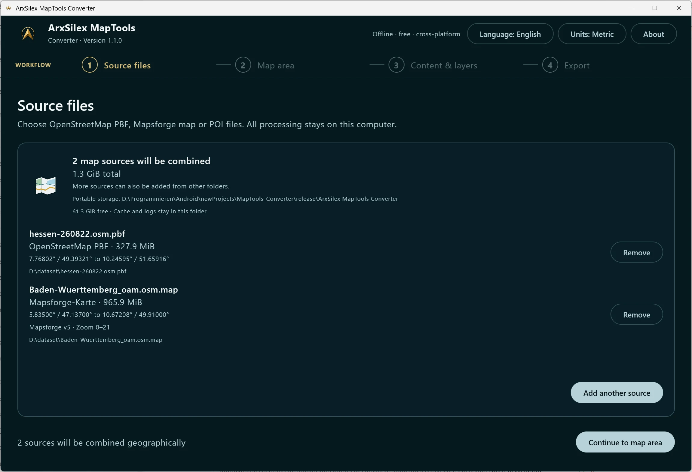 Open local .osm.pbf, .pbf, Mapsforge .map and .poi files. One .map and one companion .poi can be loaded together, and POI-only files can also be cropped.