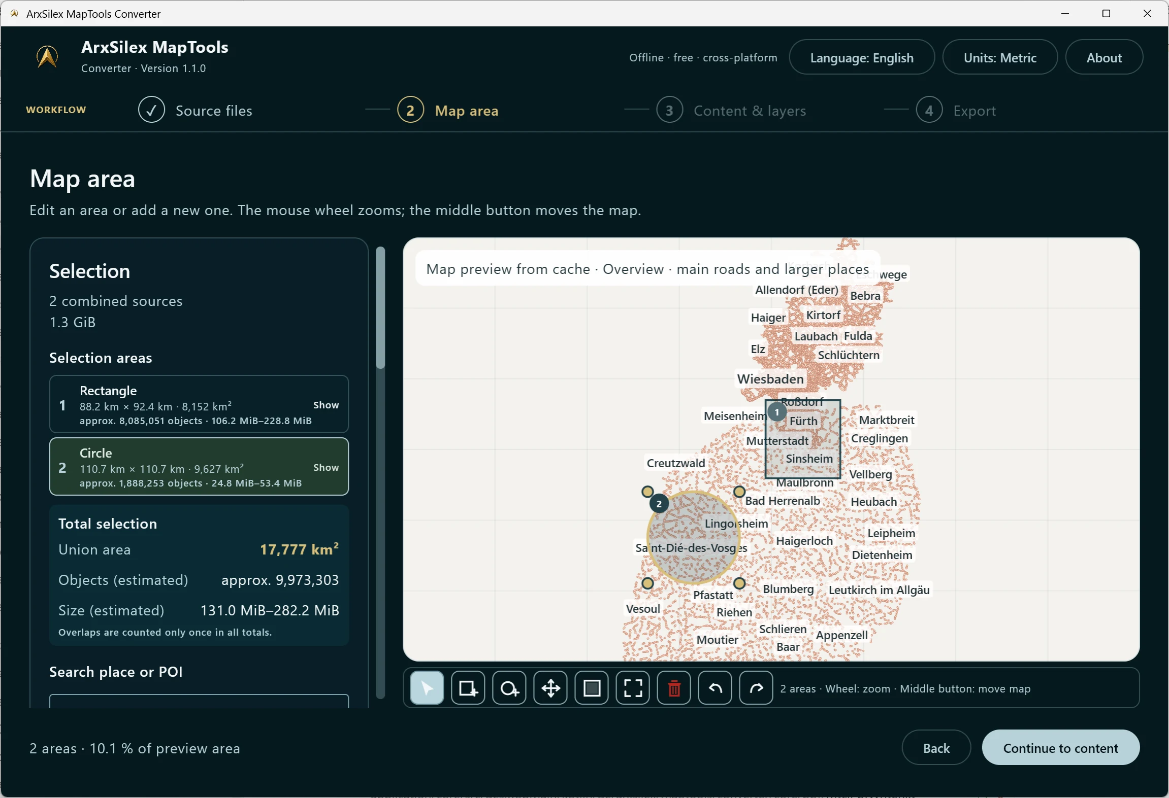 Select multiple rectangles or circles, search for places and POIs, and mark matches temporarily. Overlaps count only once in area, object and size totals.