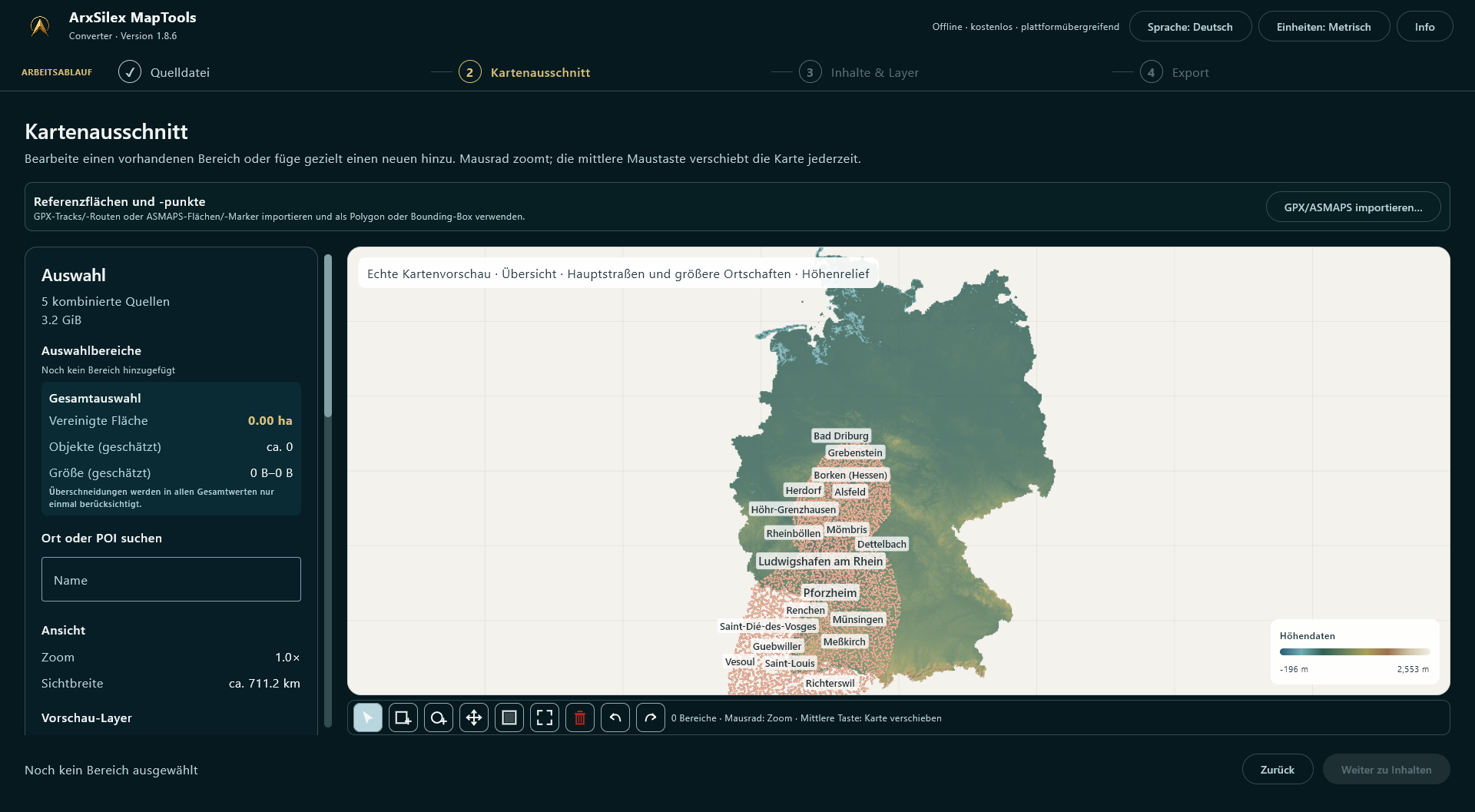 Übersichtsvorschau der kombinierten Karten- und Höhendaten vor der Gebietsauswahl.