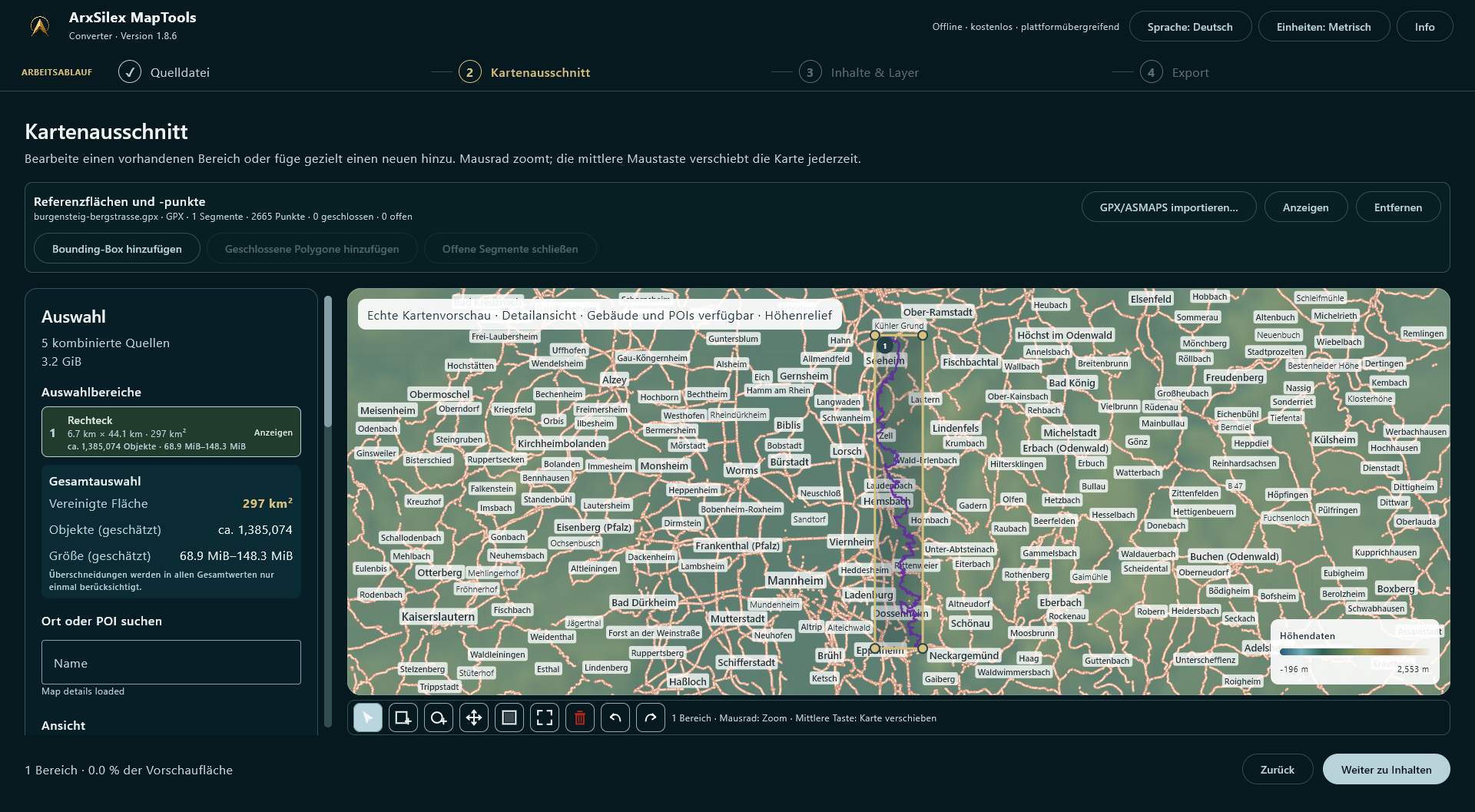 Ein importierter GPX-Track entlang der Bergstraße definiert als Bounding-Box einen 297 Quadratkilometer großen Exportbereich.