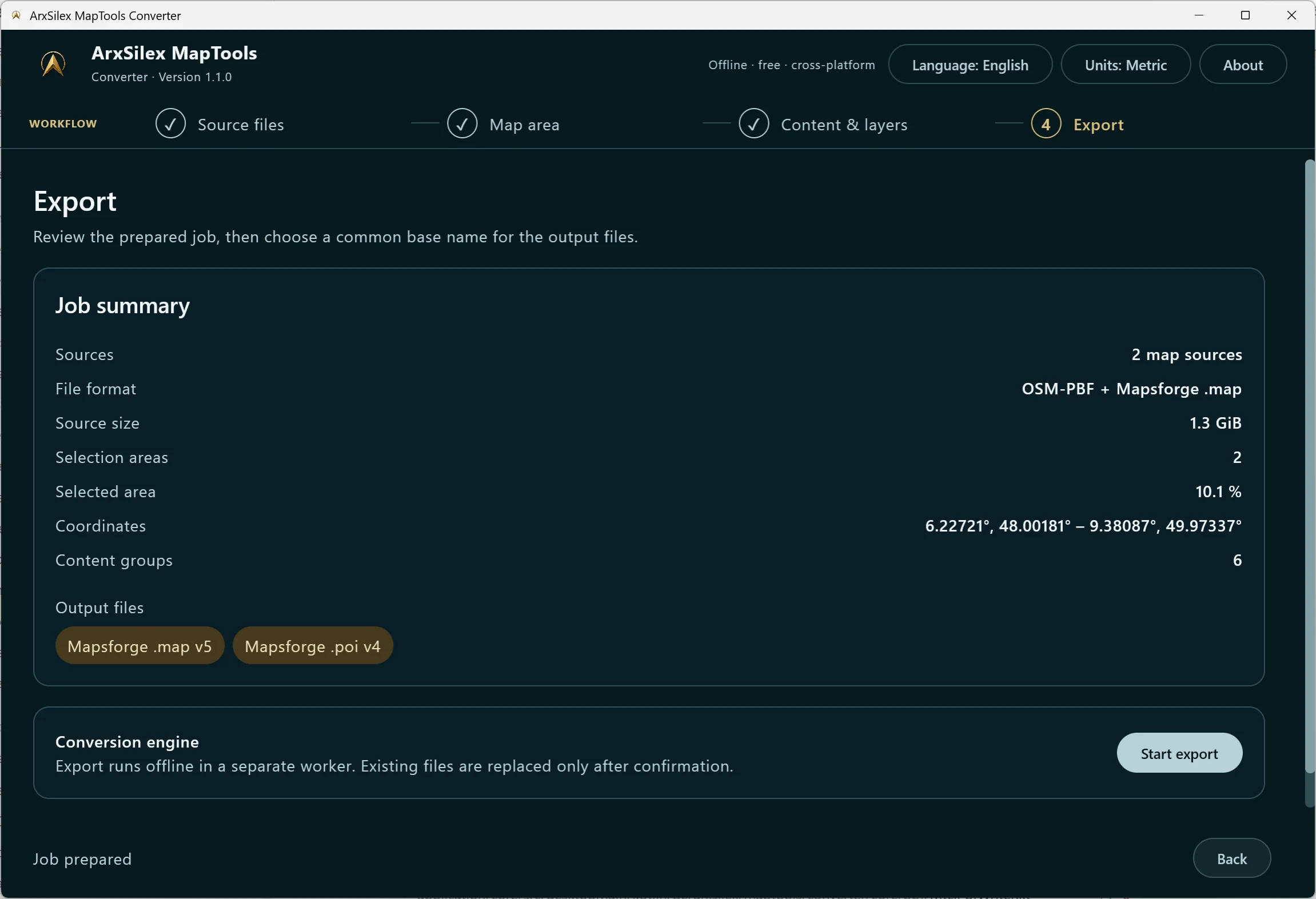 A .map source can create a map, POI data or both; a POI-only source creates POI data only. With .map plus .poi, the map supplies map output while the POI file supplies search and POI output. Map v4/v5 and POI v3/v4 are supported.