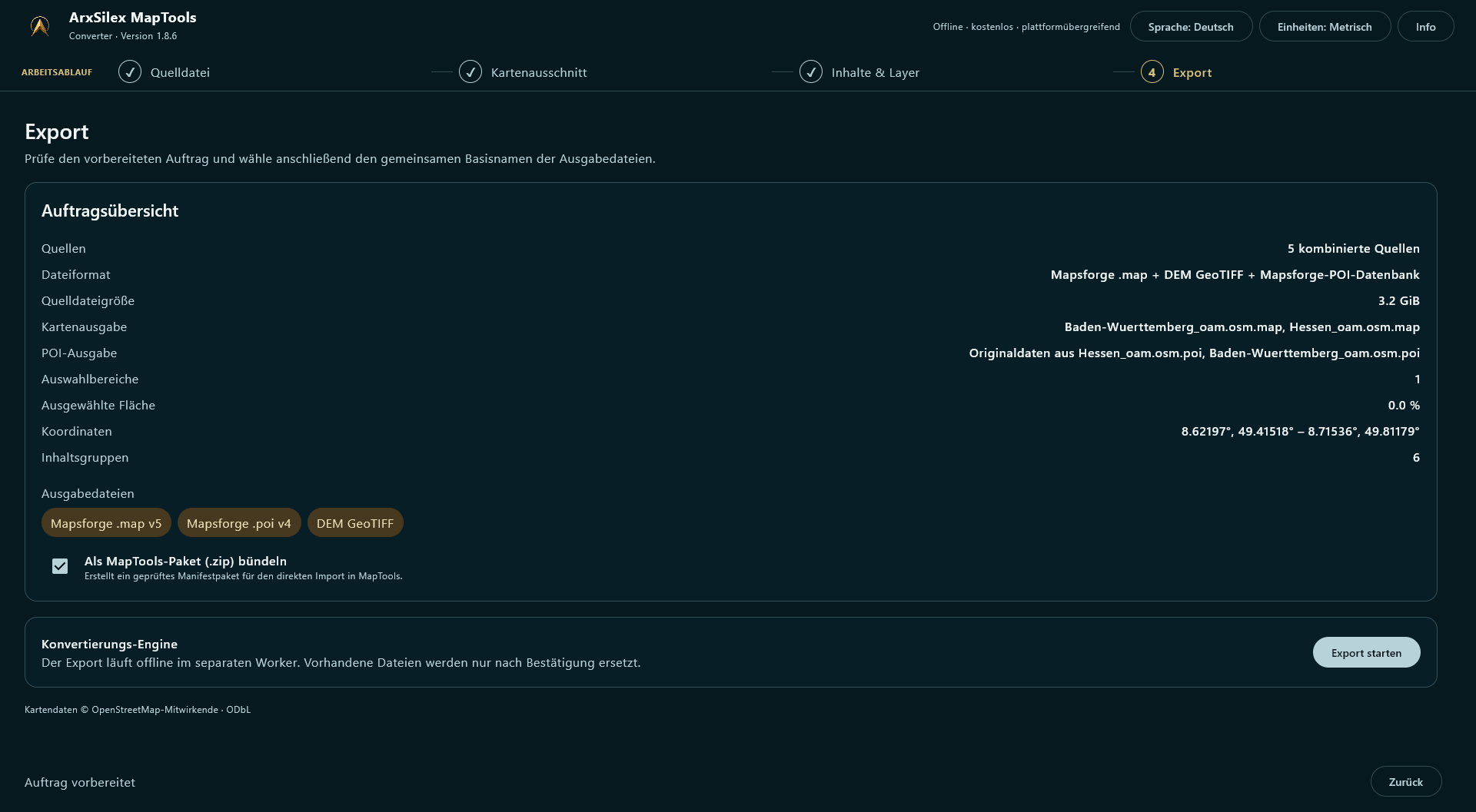 Auftragsübersicht mit fünf Quellen, einem Auswahlbereich und einem gebündelten MapTools-Paket.