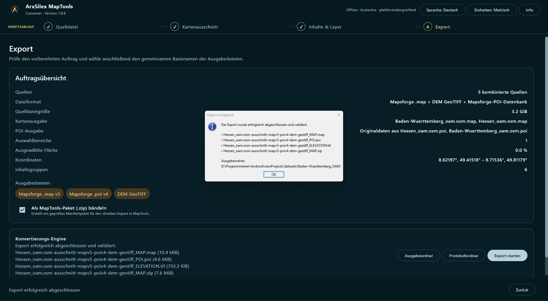 Erfolgreich abgeschlossener und validierter Export von Karte, POIs, Höhendaten und MapTools-ZIP-Paket.
