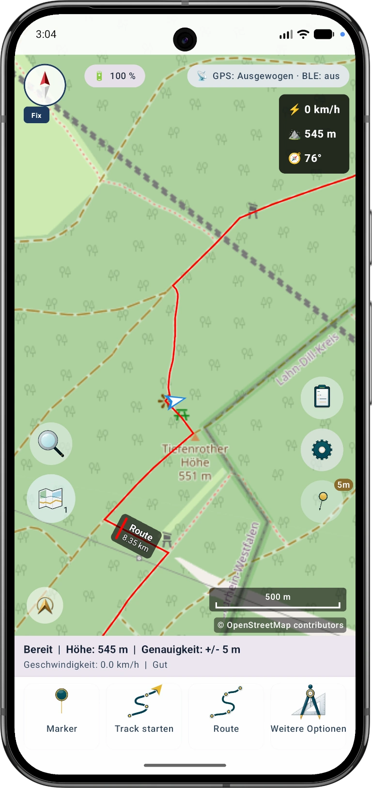 Wandern: Track, Route, Marker und Telemetrie stehen im Vordergrund. Foto, Notiz und Audio sind schnell über das Marker-Untermenü erreichbar; alle weiteren Werkzeuge bleiben unter Weitere Optionen verfügbar.