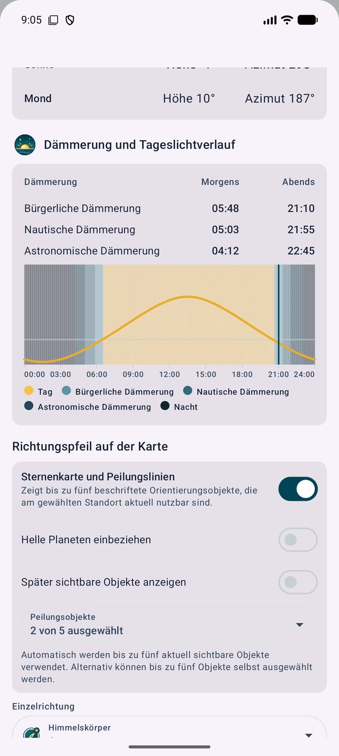 Astronomie-Sheet mit aktiviertem Sternenkarten-Layer und Mehrfachauswahl von zwei Peilungsobjekten