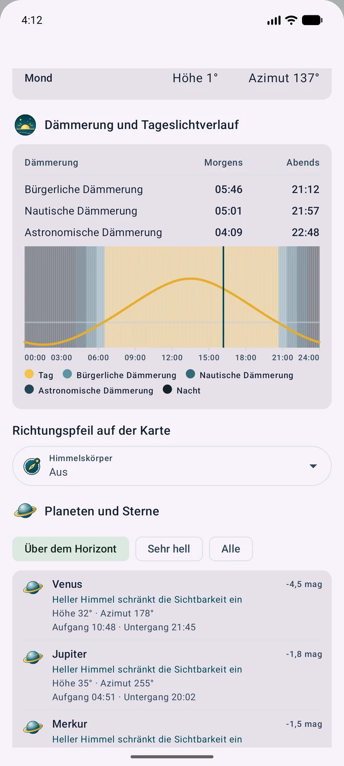 Liste sichtbarer Planeten und Sterne mit Höhe, Azimut, Helligkeit und Ereigniszeiten