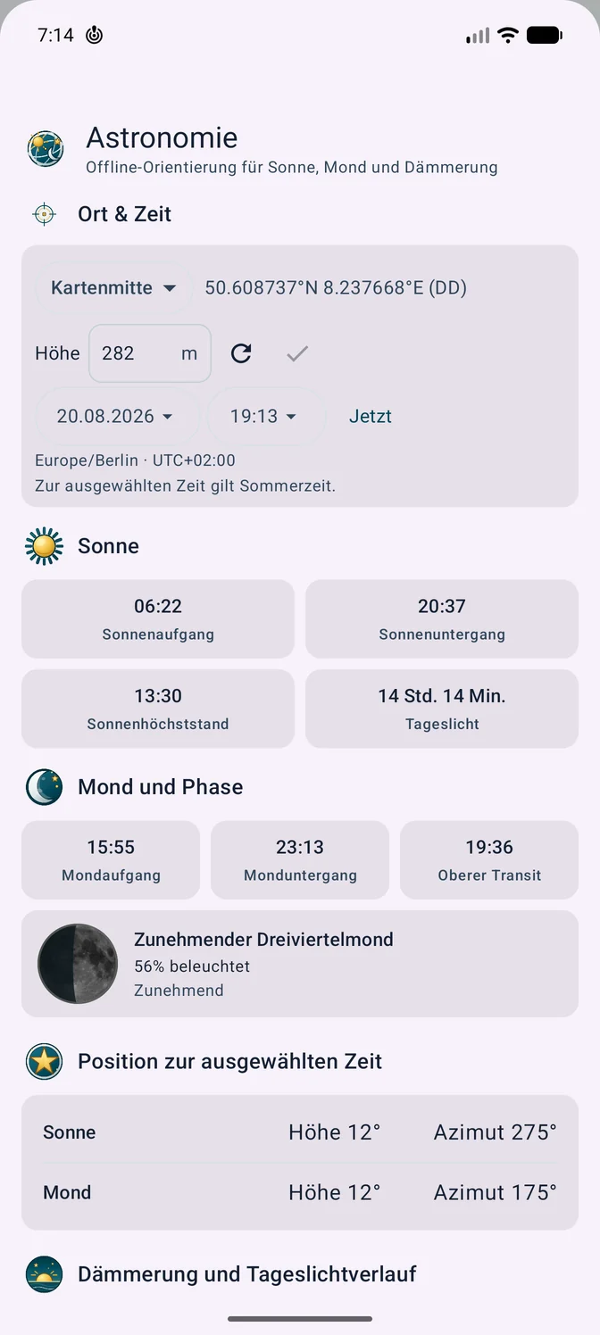 Astronomieansicht mit Bezugspunkt, Sonnenzeiten, Mondphase und Höhen- sowie Azimutwerten