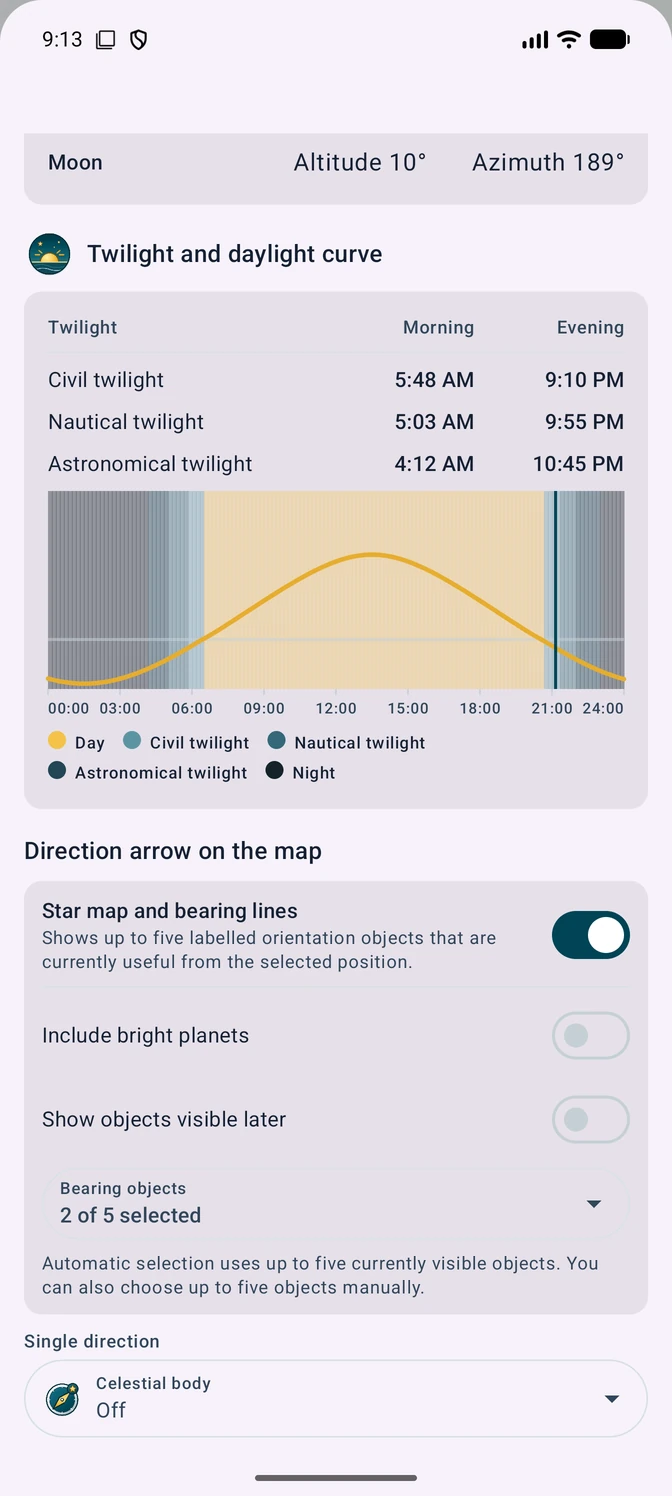 Astronomy sheet with the star-map layer enabled and two bearing objects selected