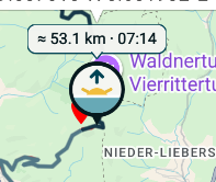 Výřez mapy trasy se značkou denního světla přibližně na 53,1 kilometru a v 07:14