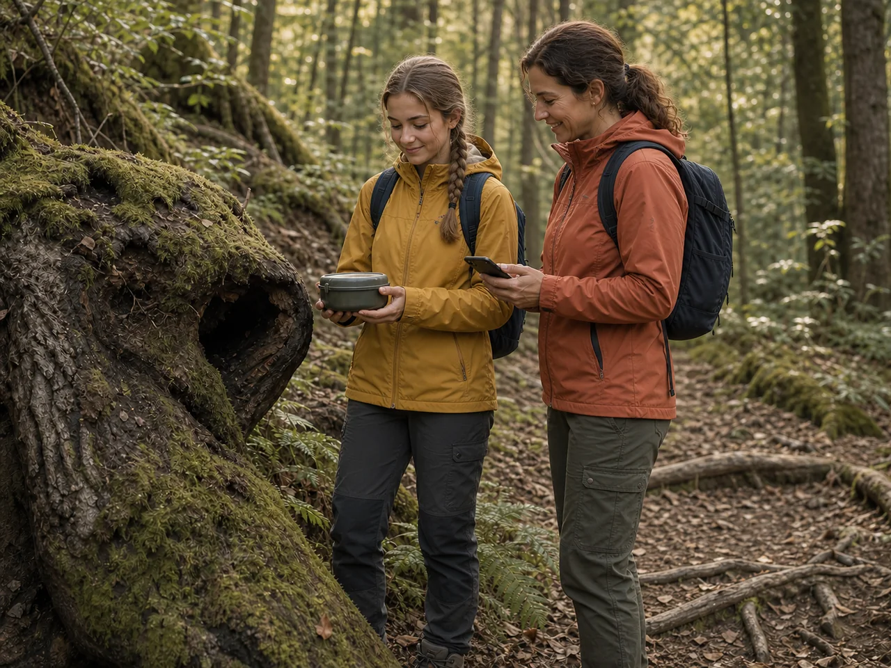 Matka i córka rozwiązują leśną zagadkę geocachingową