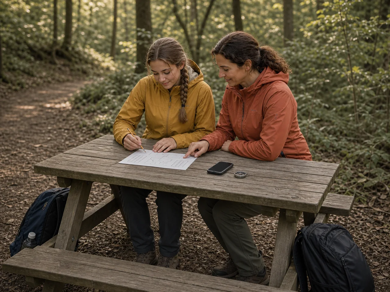Matka i córka przygotowują zagadkę geocachingową przy stabilnym stole