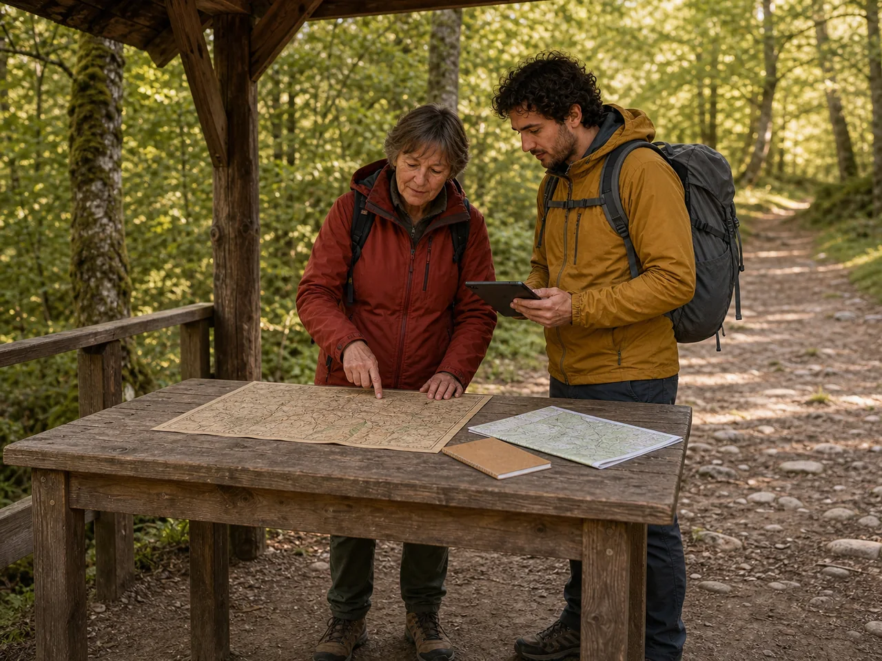 Turyści przygotowują mapę historyczną i aktualną przy leśnym stole
