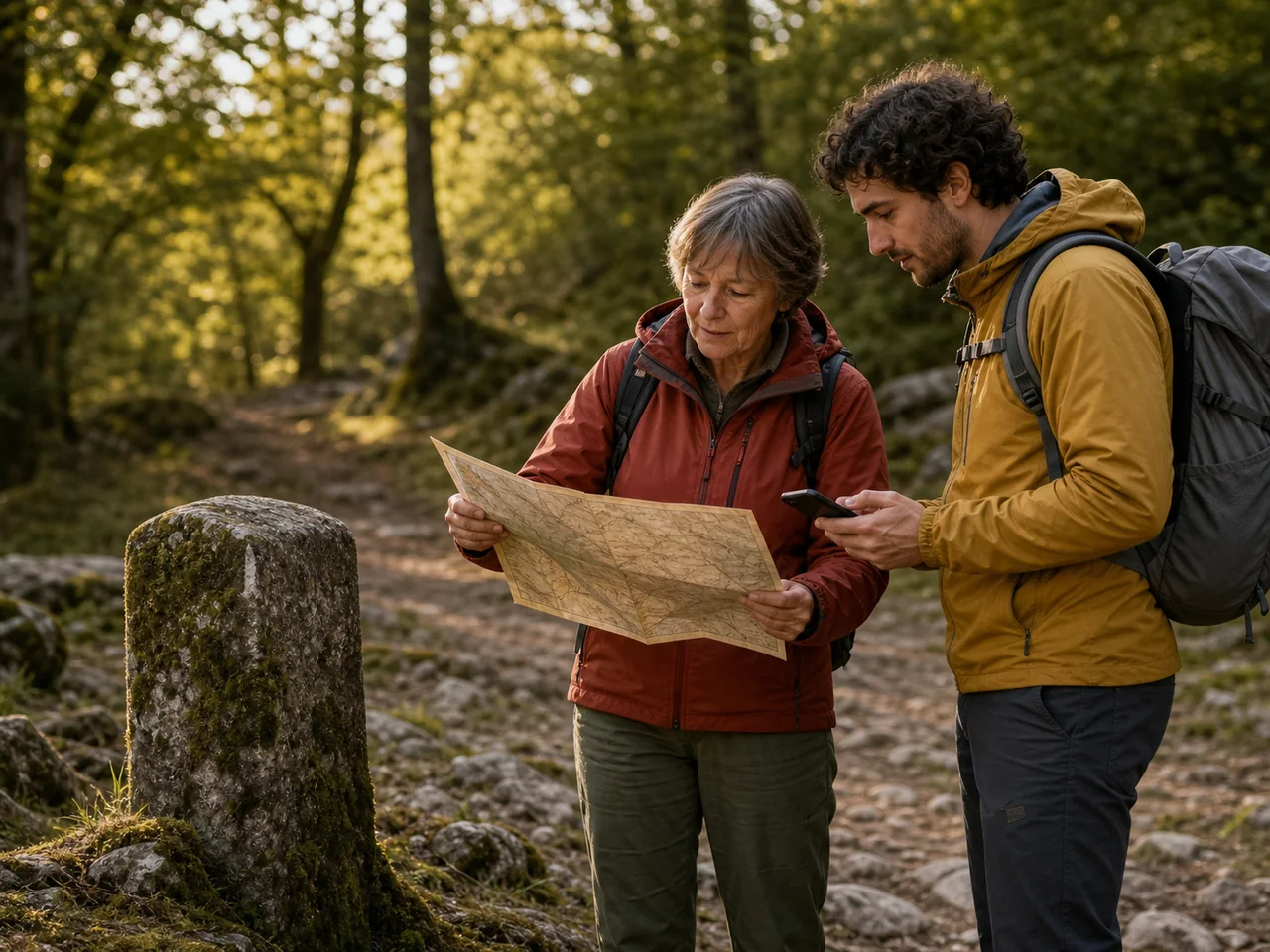 Dwoje turystów porównuje mapę historyczną przy starym kamieniu granicznym
