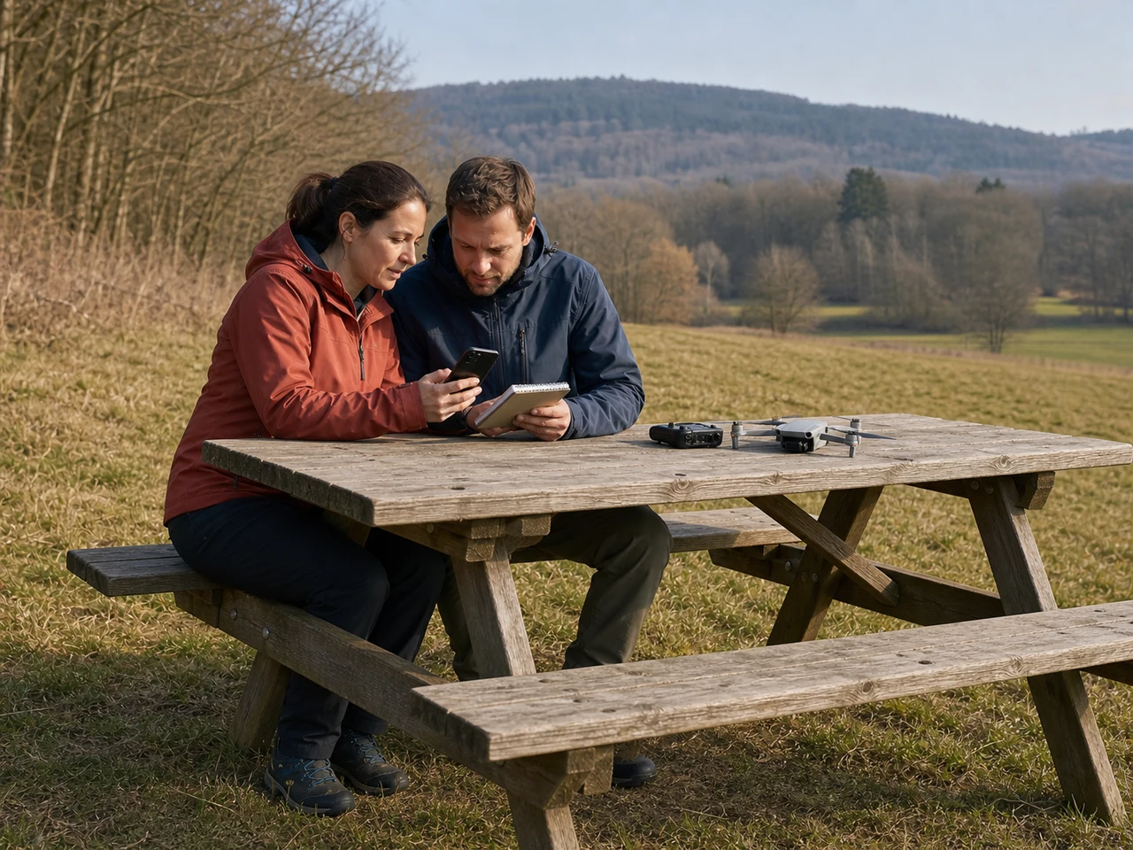 Te same osoby analizują telefon, notatki i drona na drewnianym stole