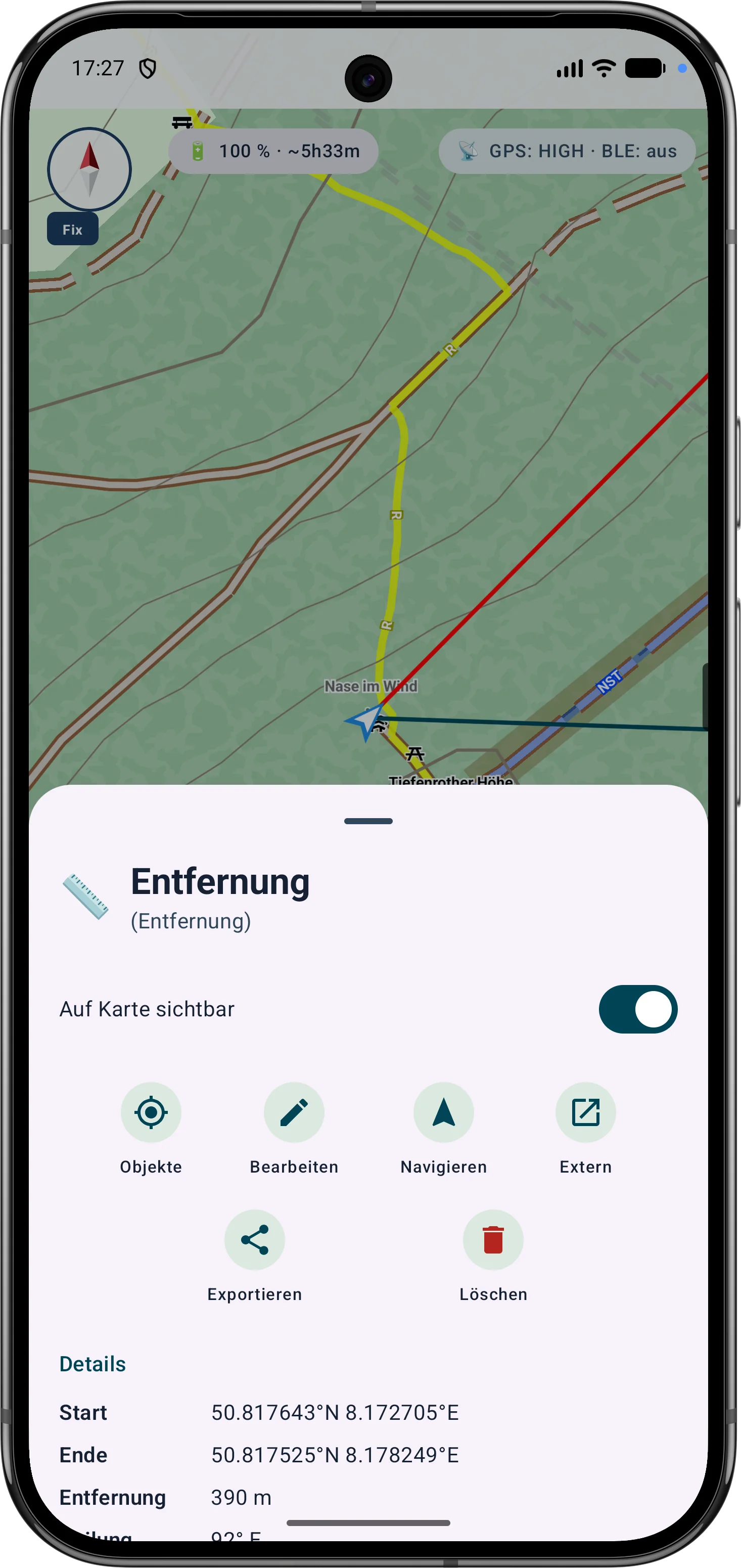 Kompakte Detailansicht einer Entfernung mit Distanz, Peilung und Koordinaten
