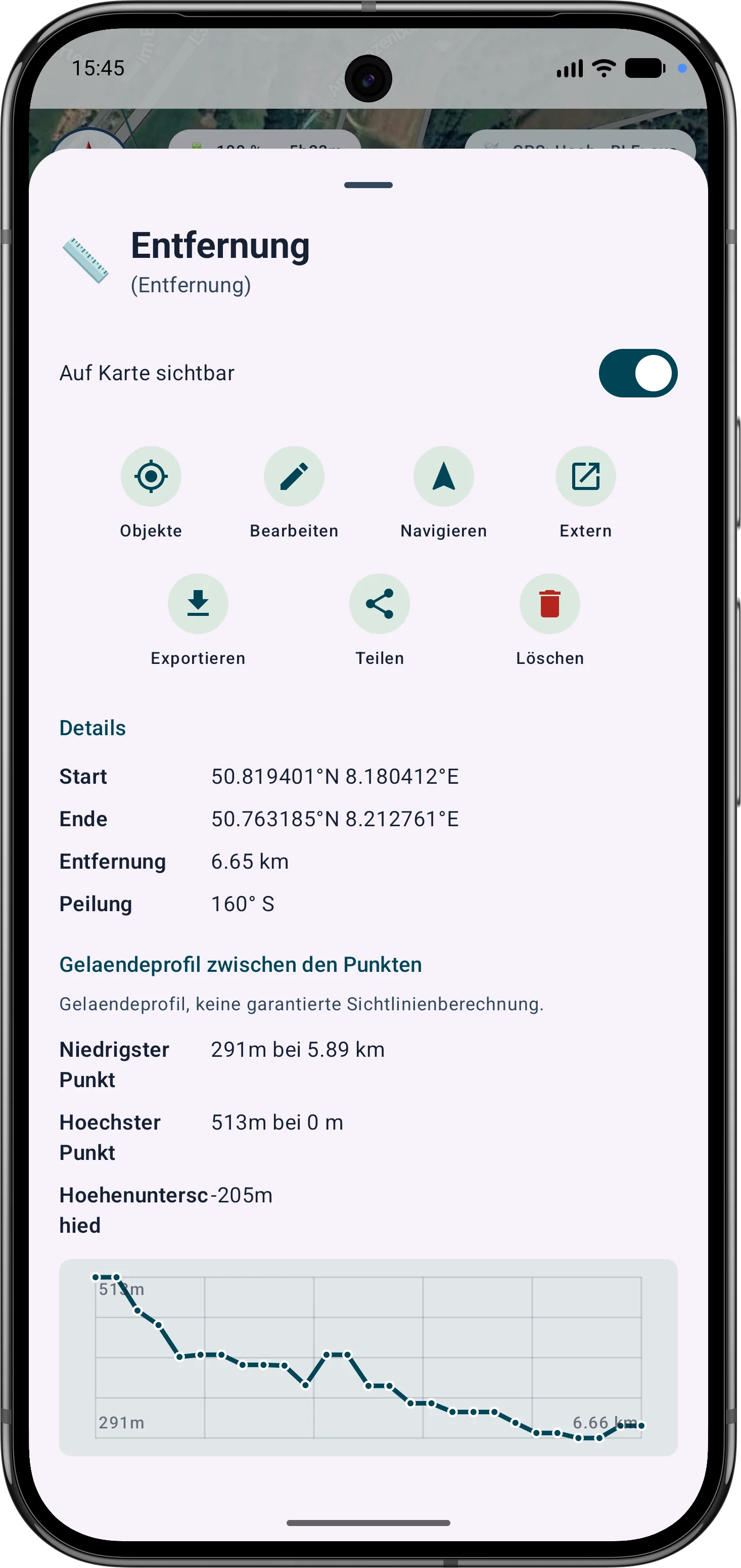Infosheet einer Entfernungsmessung mit Start, Ende, Entfernung, Peilung und Geländeprofil