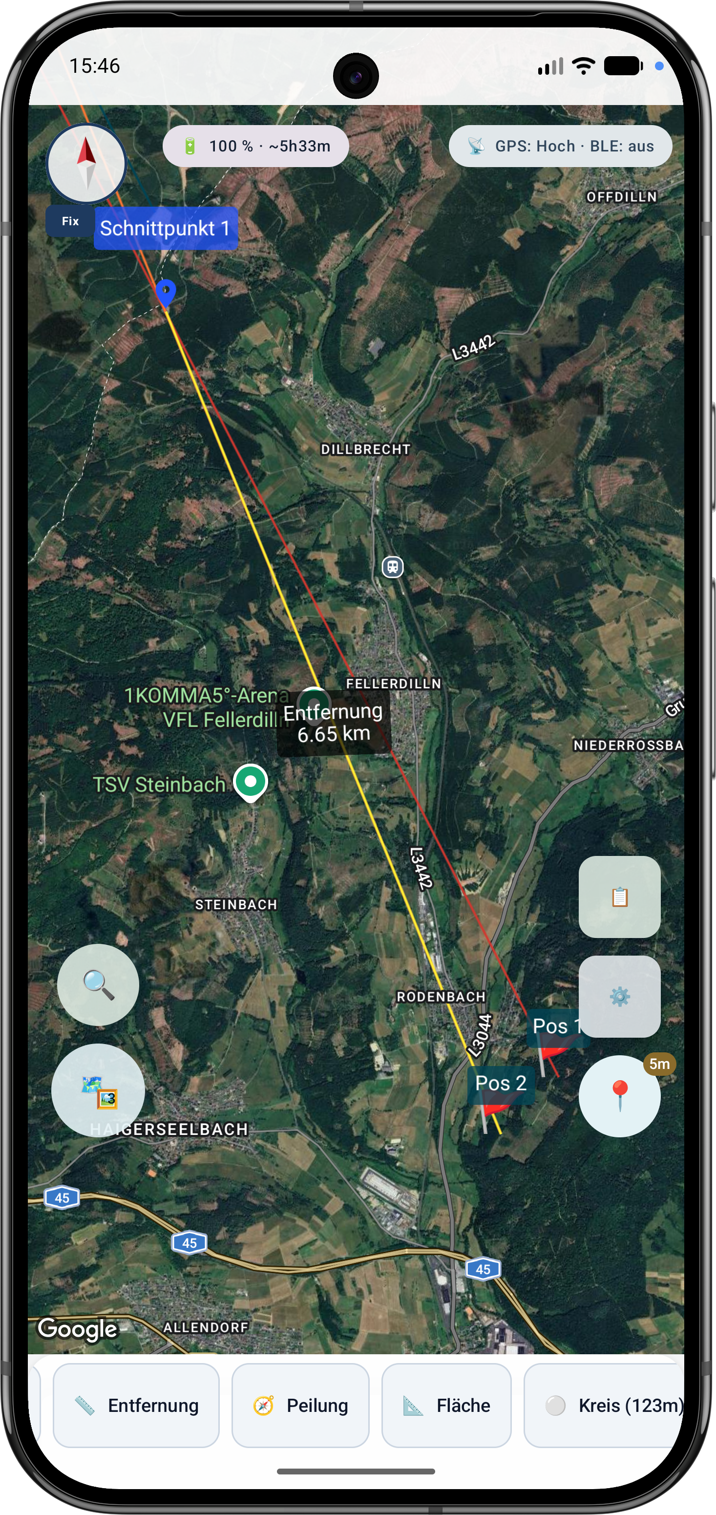 Entfernungsmessung auf der Karte mit Linie zwischen Pos 1 und Pos 2