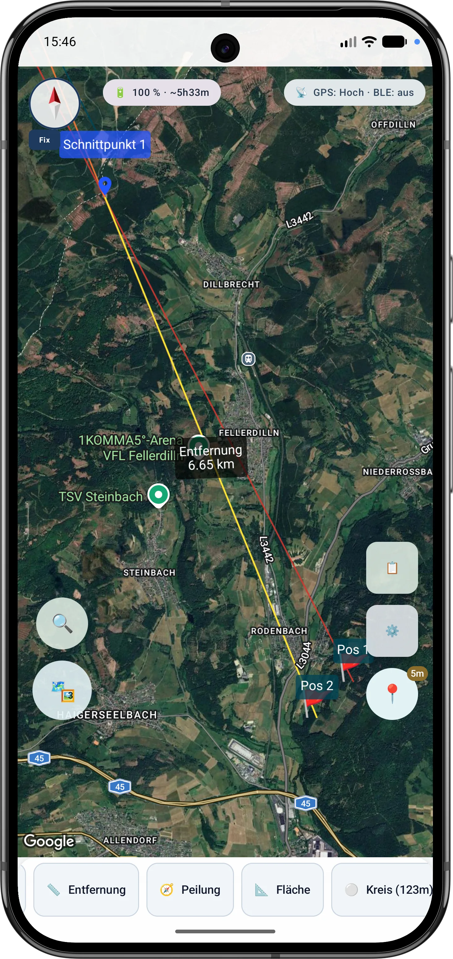 Entfernungsmessung auf der Karte mit Linie zwischen Pos 1 und Pos 2