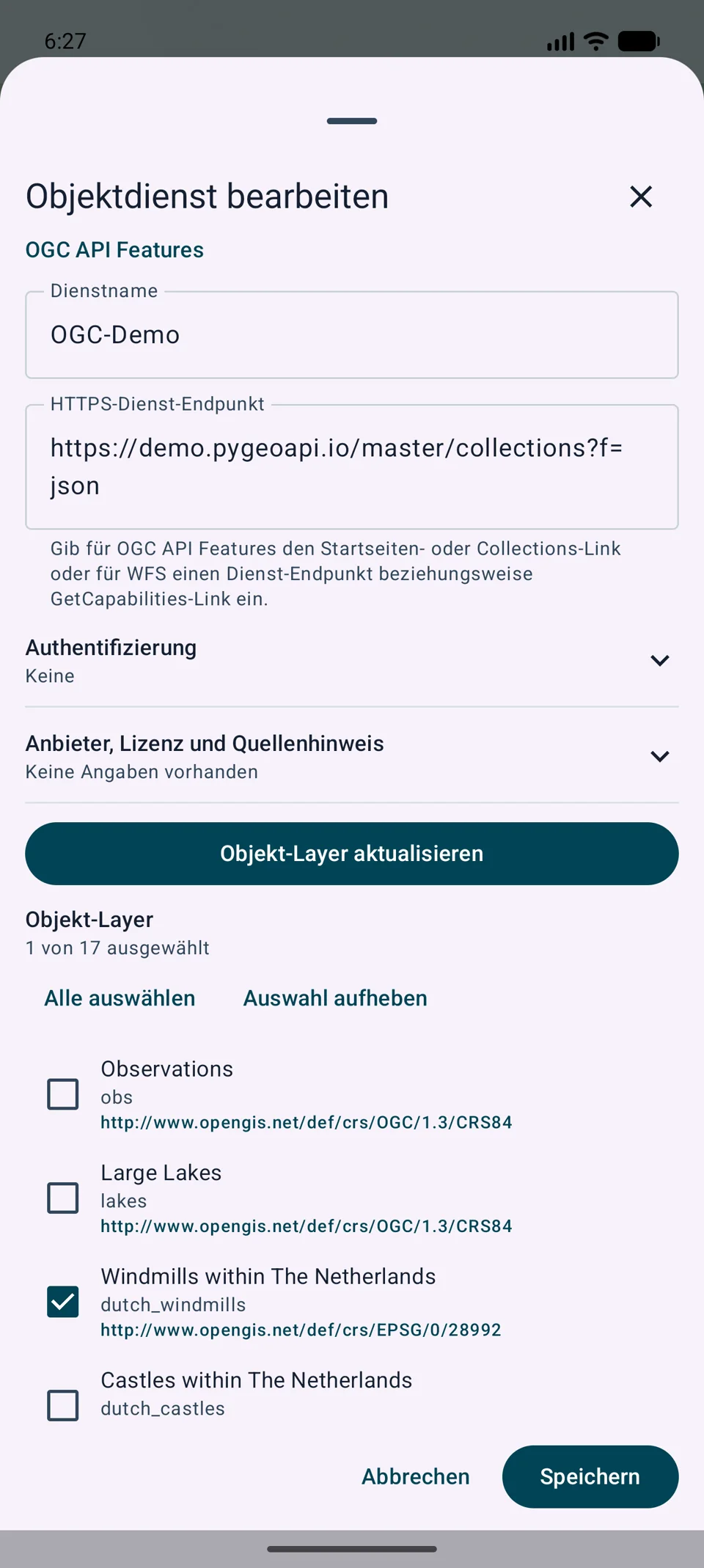 Eingabe eines OGC-API-Features-Endpunkts und erkannte Collections