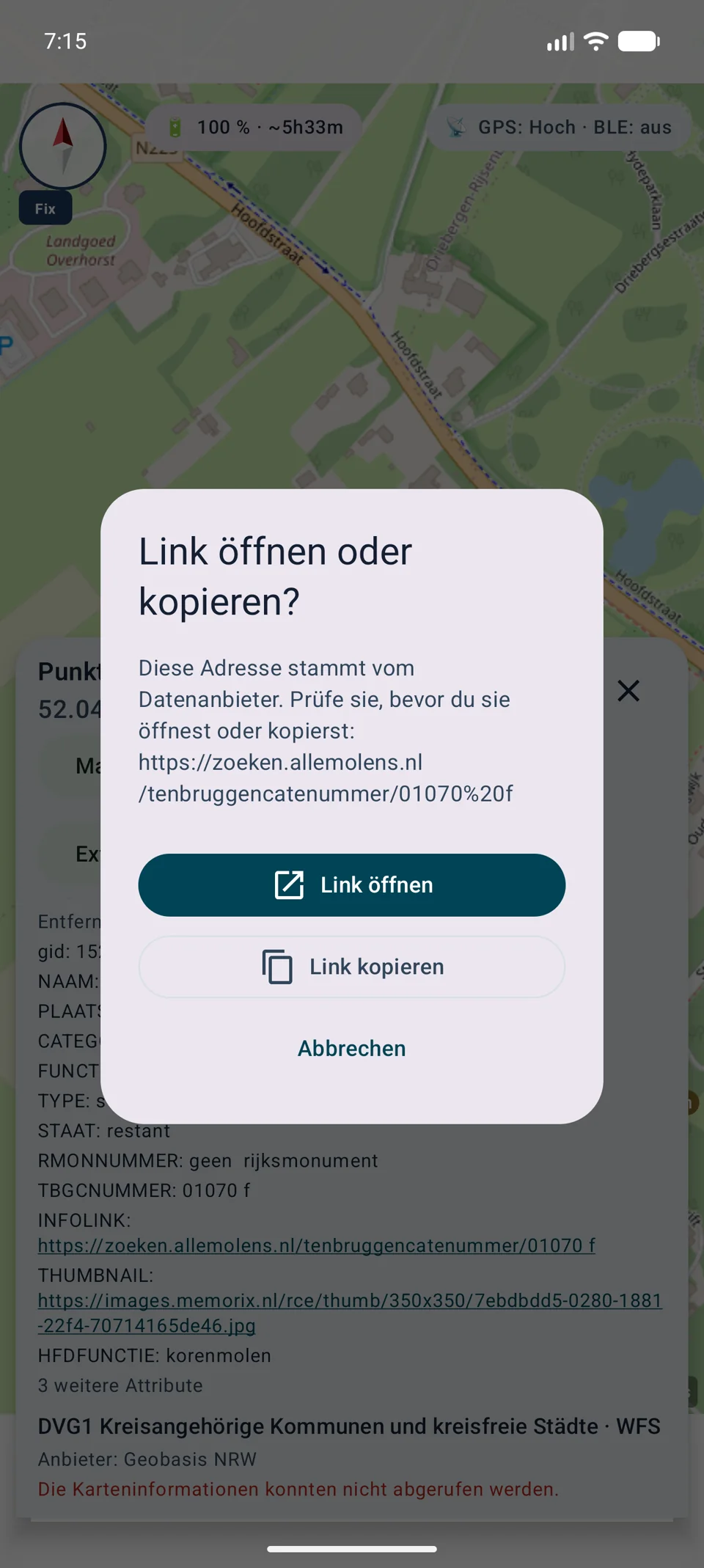 Bestätigungsdialog für einen Link aus Online-Objektattributen