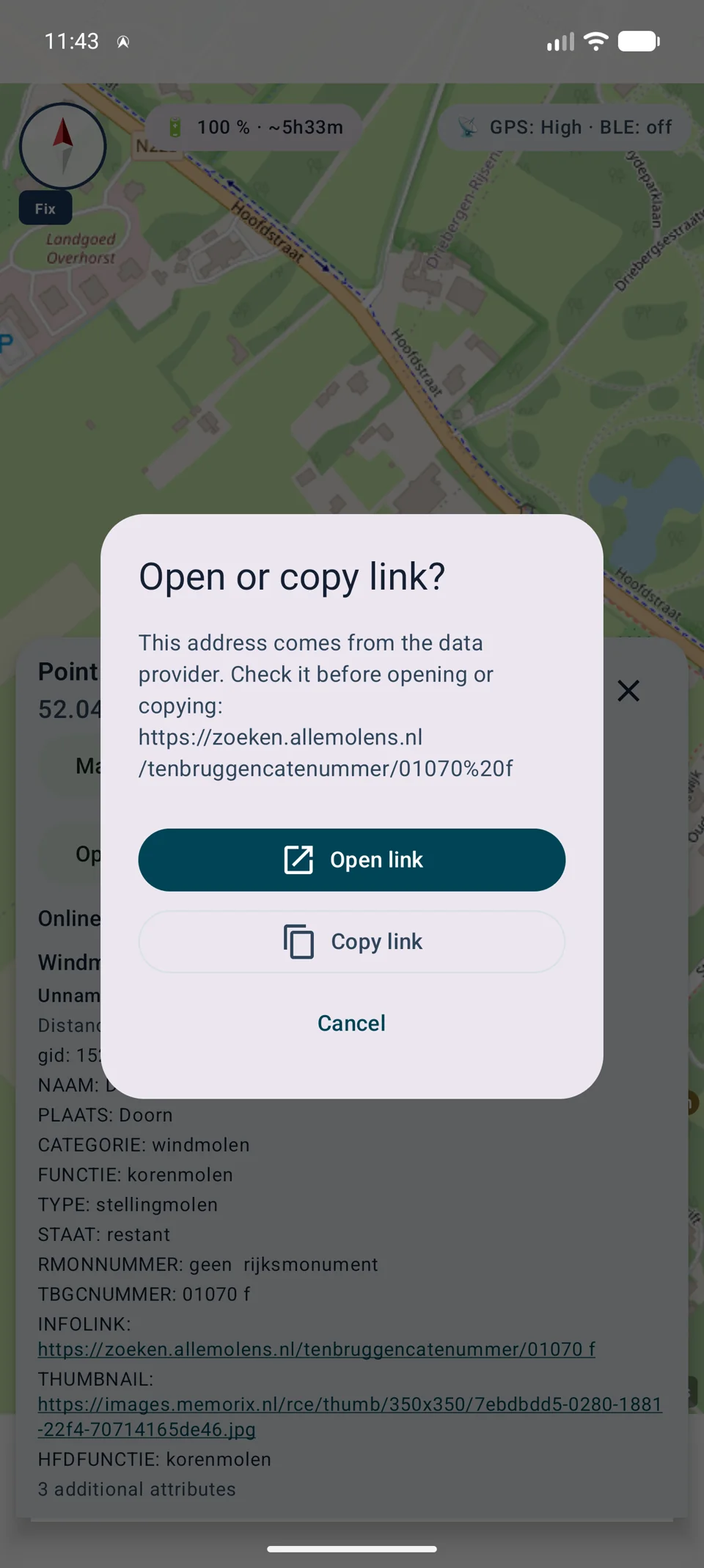 Dialog pro potvrzení odkazu z atributů online objektu