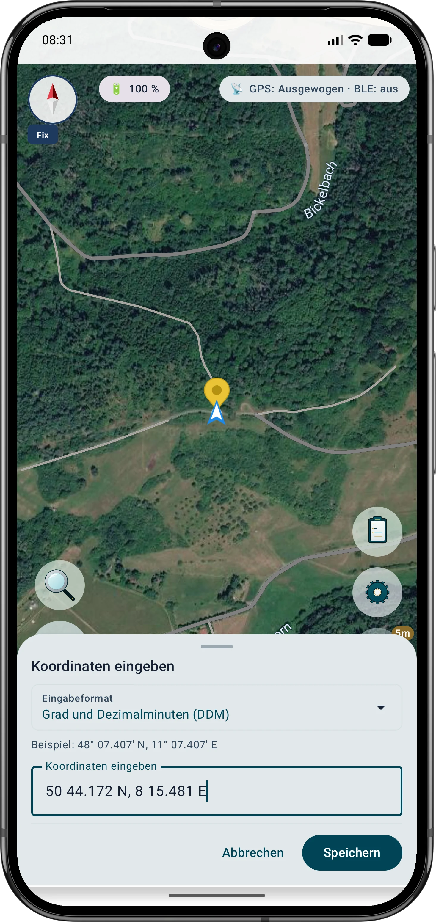 Ausgangskoordinate eingeben und prüfen
