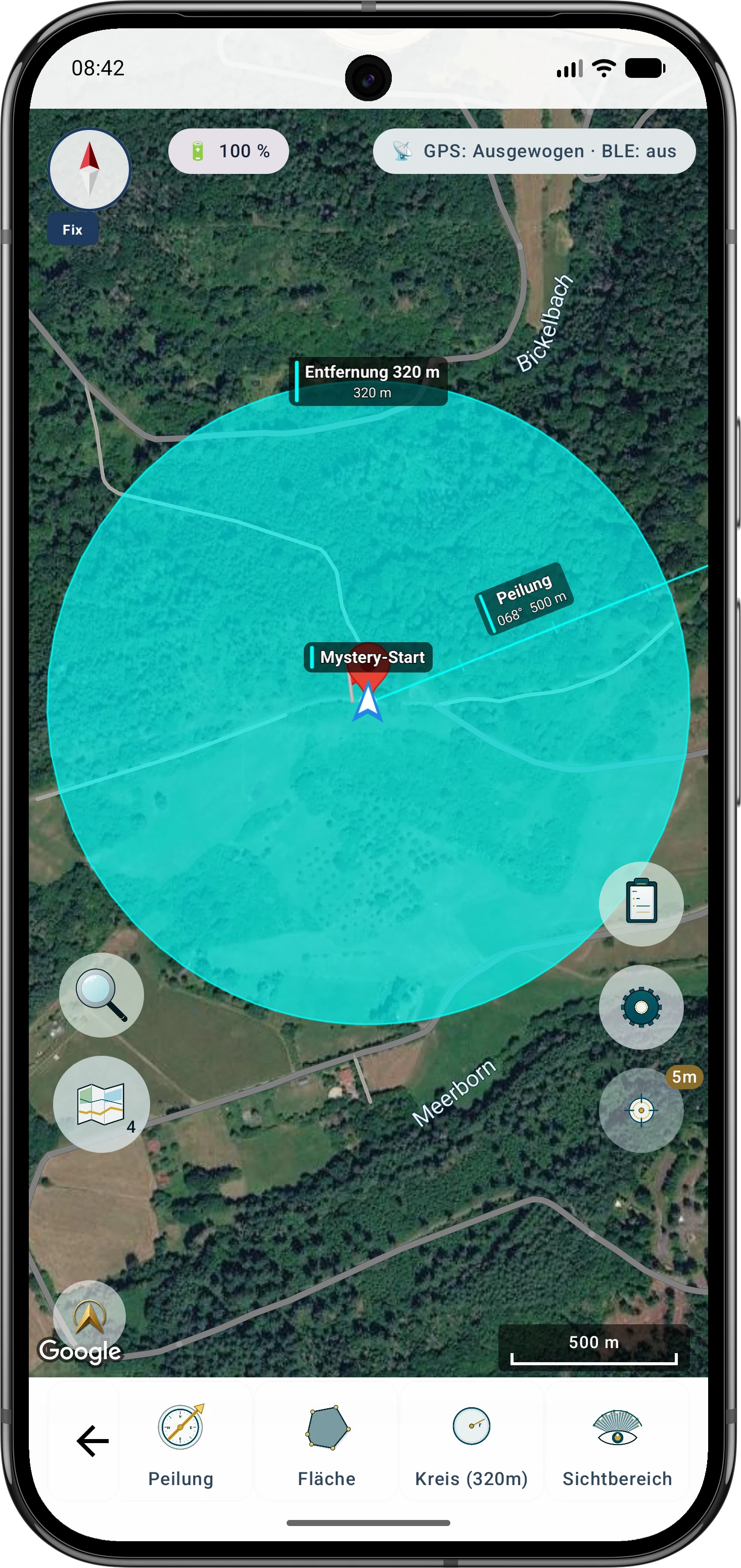 MapTools zeigt einen Startpunkt, einen Umkreis und eine Peilung auf der Android-Karte