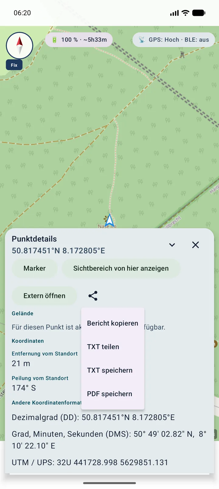 Punktdetails mit den Aktionen Bericht kopieren, TXT teilen, TXT speichern und PDF speichern.