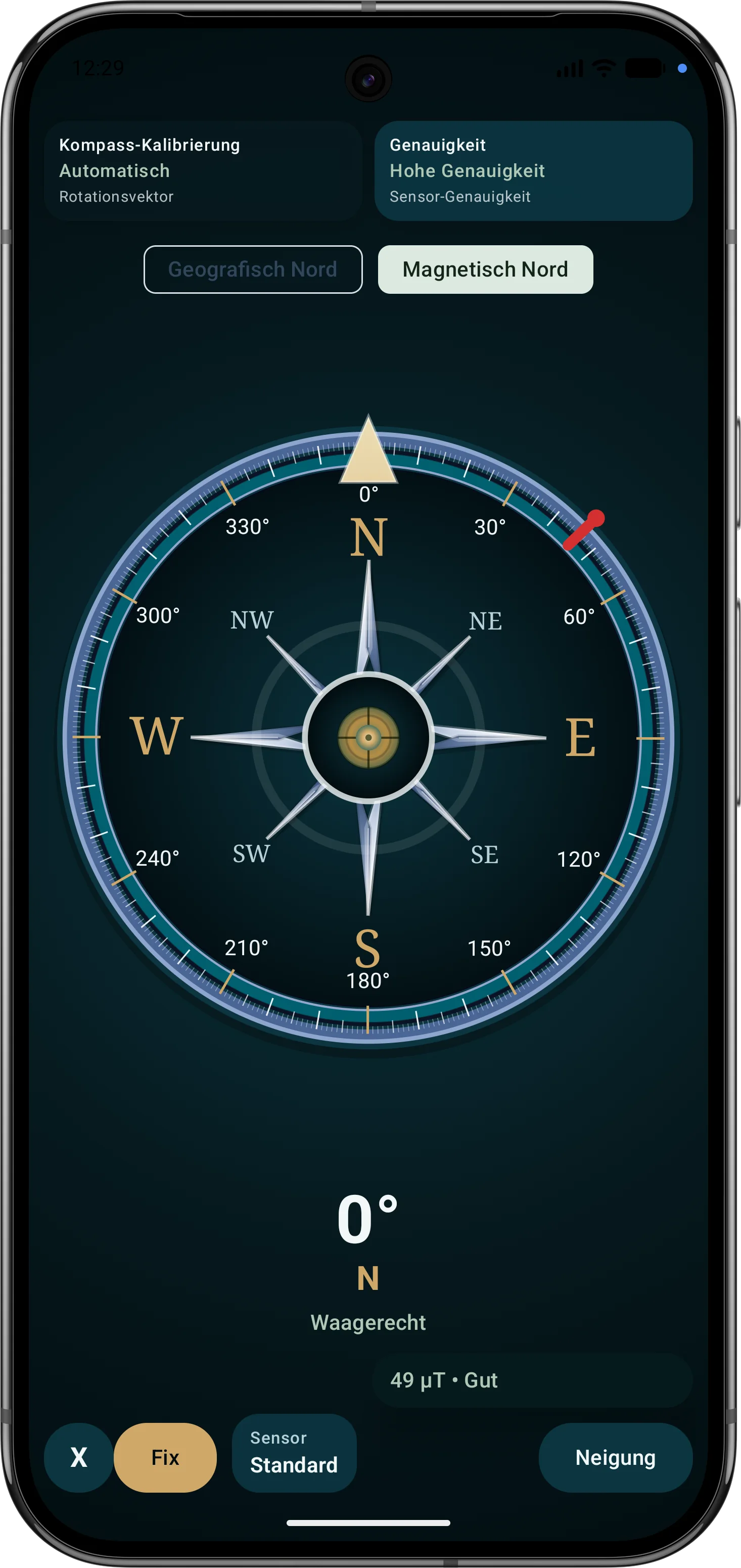 ArxSilex MapTools compass view with fixed bearing marker, sensor selection and tilt display