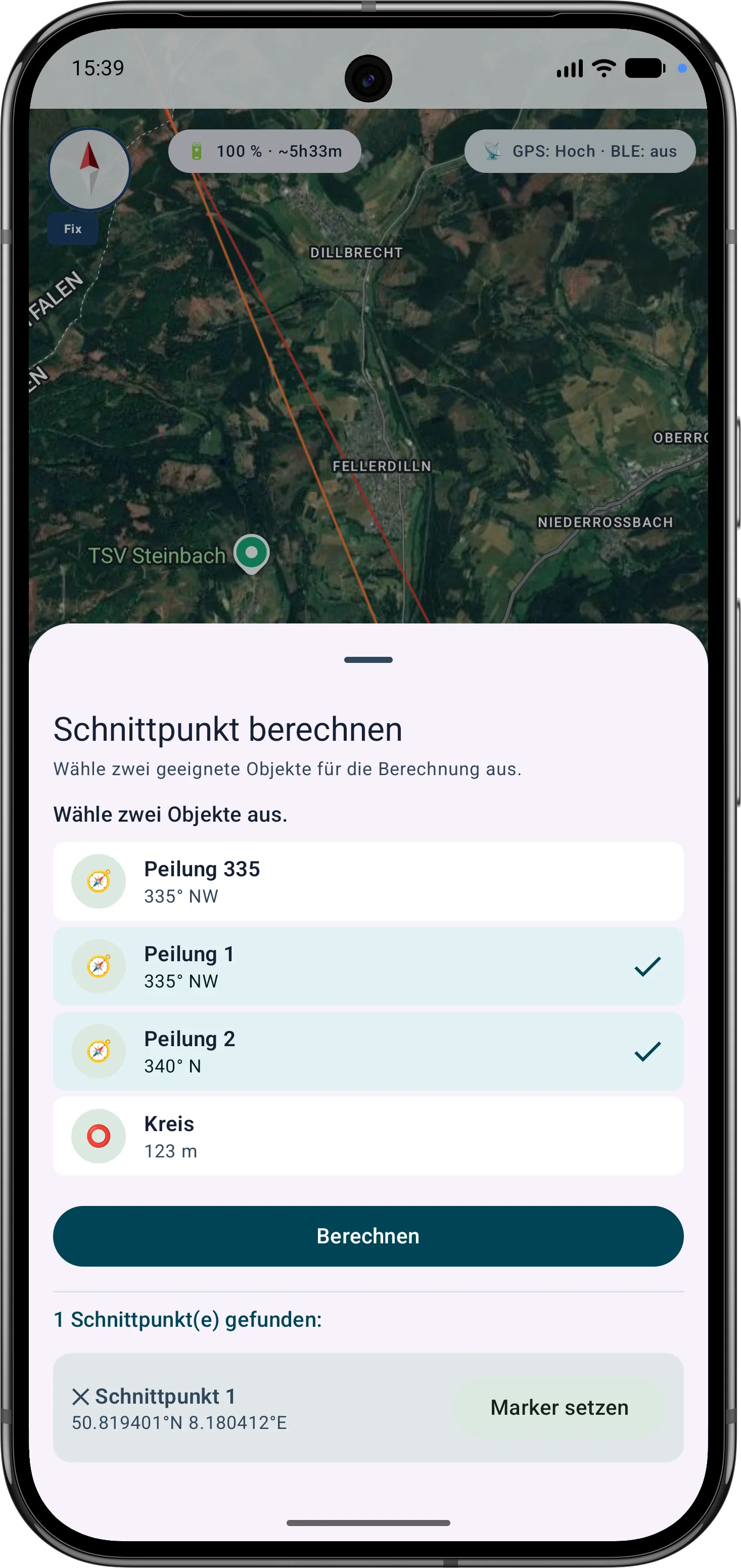 Schnittpunktberechnung mit zwei ausgewählten Peilungen und Ergebnis Marker setzen
