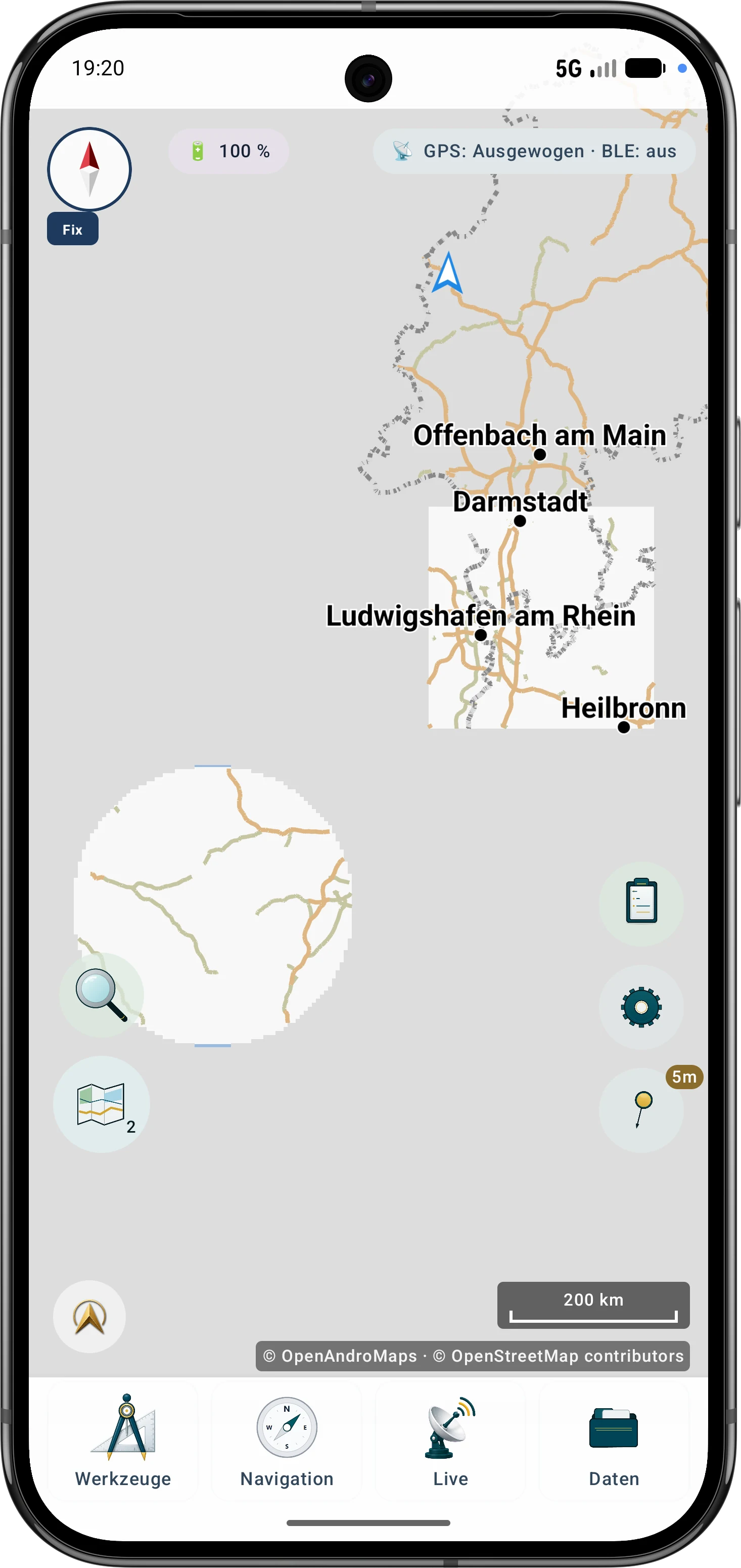 Eine vorbereitete Offline-Karte wird in ArxSilex MapTools auf Android angezeigt