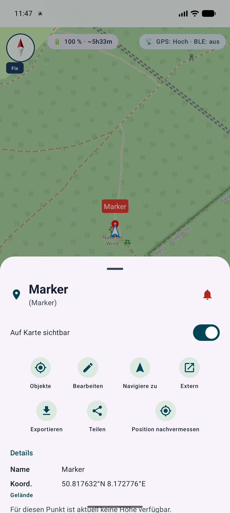 Objekt-Infosheet mit roter Glocke für einen aktiven Alarm