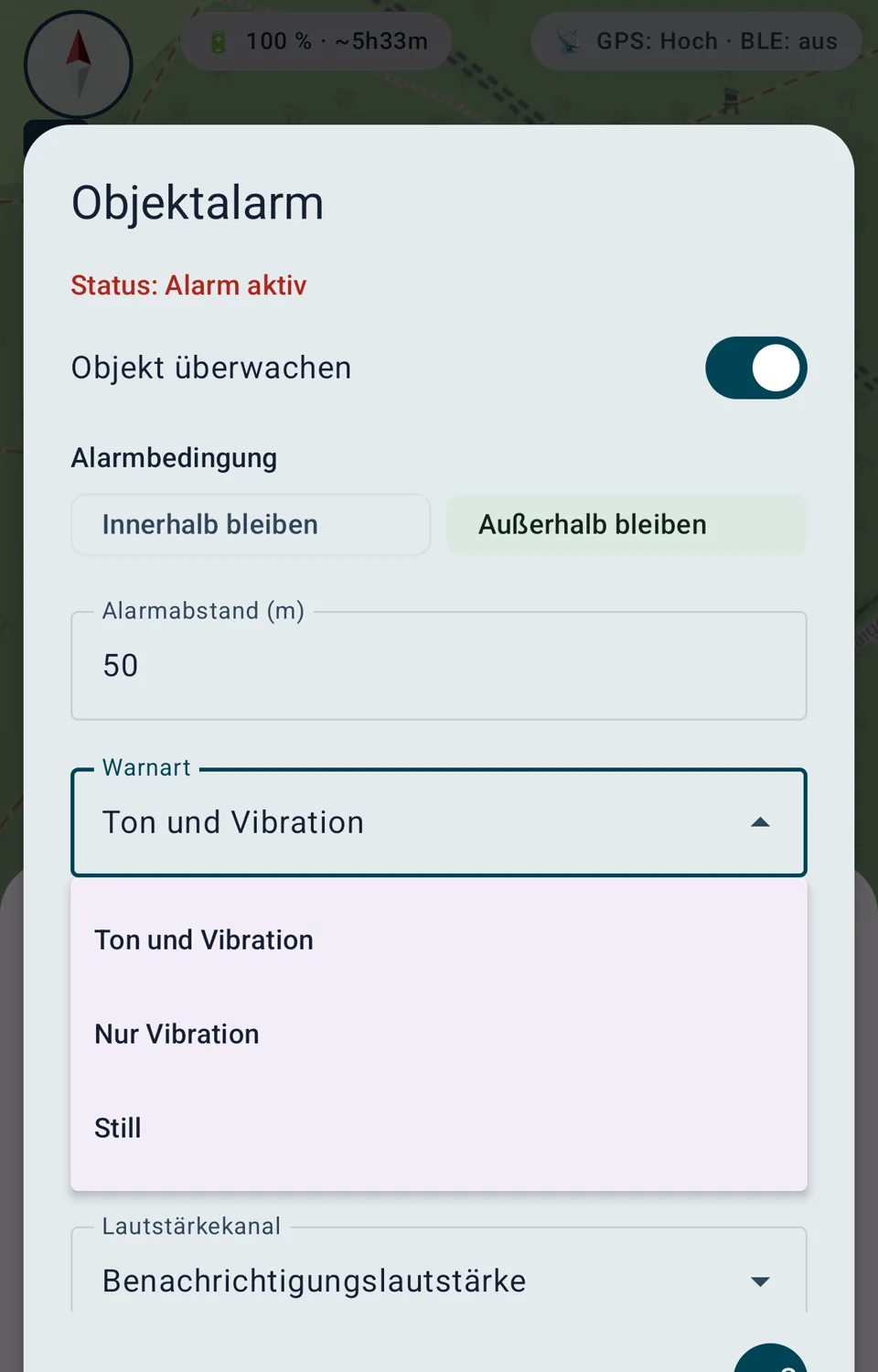 Objektalarm-Einstellungen mit Bedingung, Abstand und Signalisierung