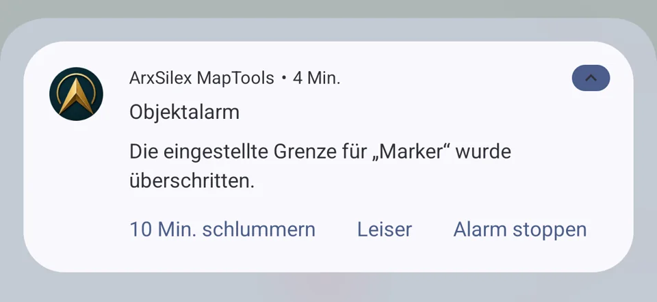 Objektalarm-Benachrichtigung mit Schlummern, leiser und stoppen
