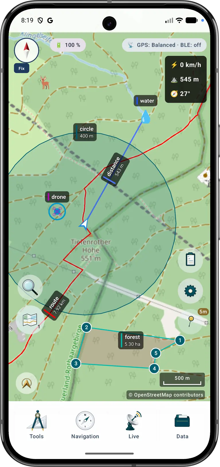 Kart, offline data, høydedata, prosjekter, navigasjon og live-verktøy i én Android-app.