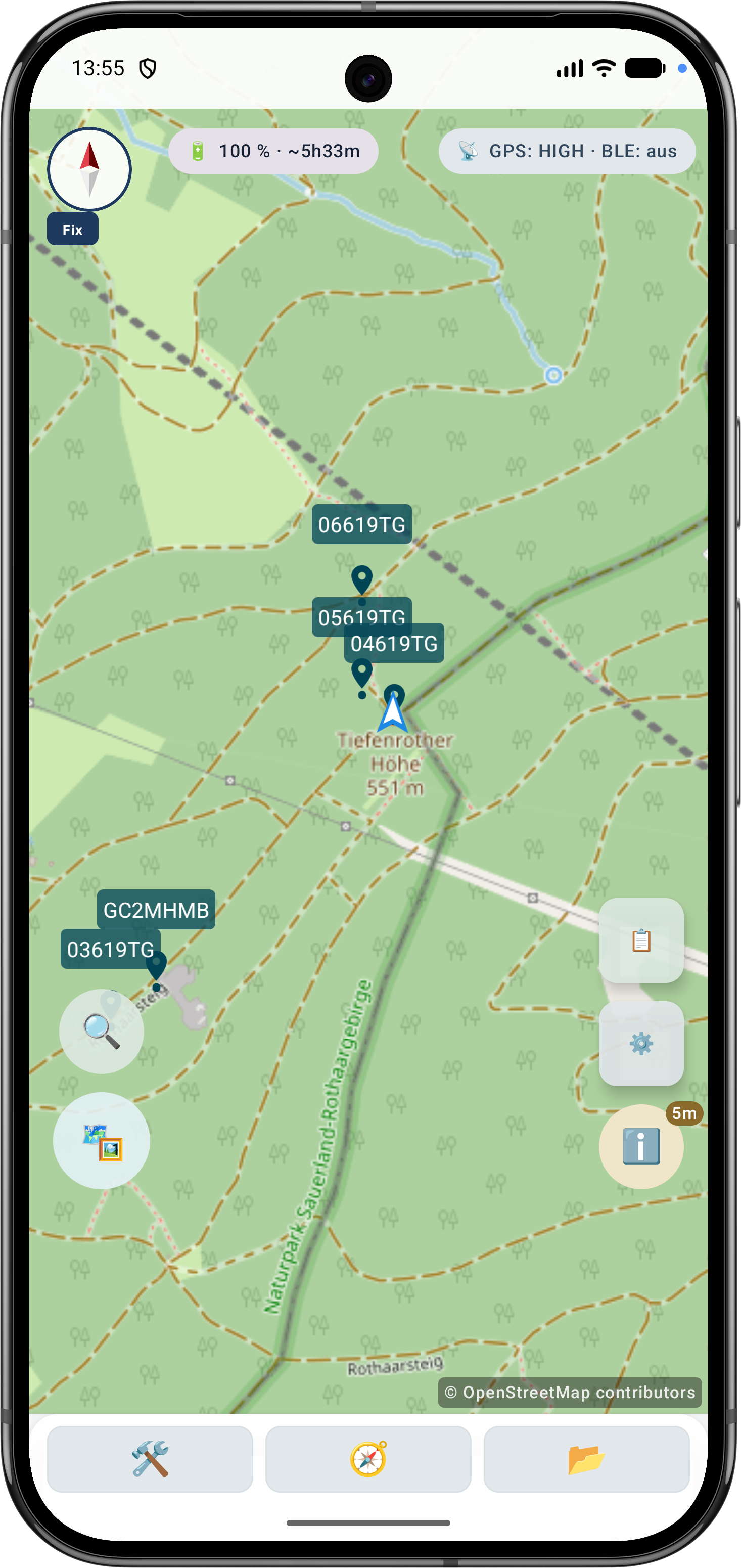 Standardansicht von ArxSilex MapTools mit Karte, Statusanzeigen und Bedienbuttons
