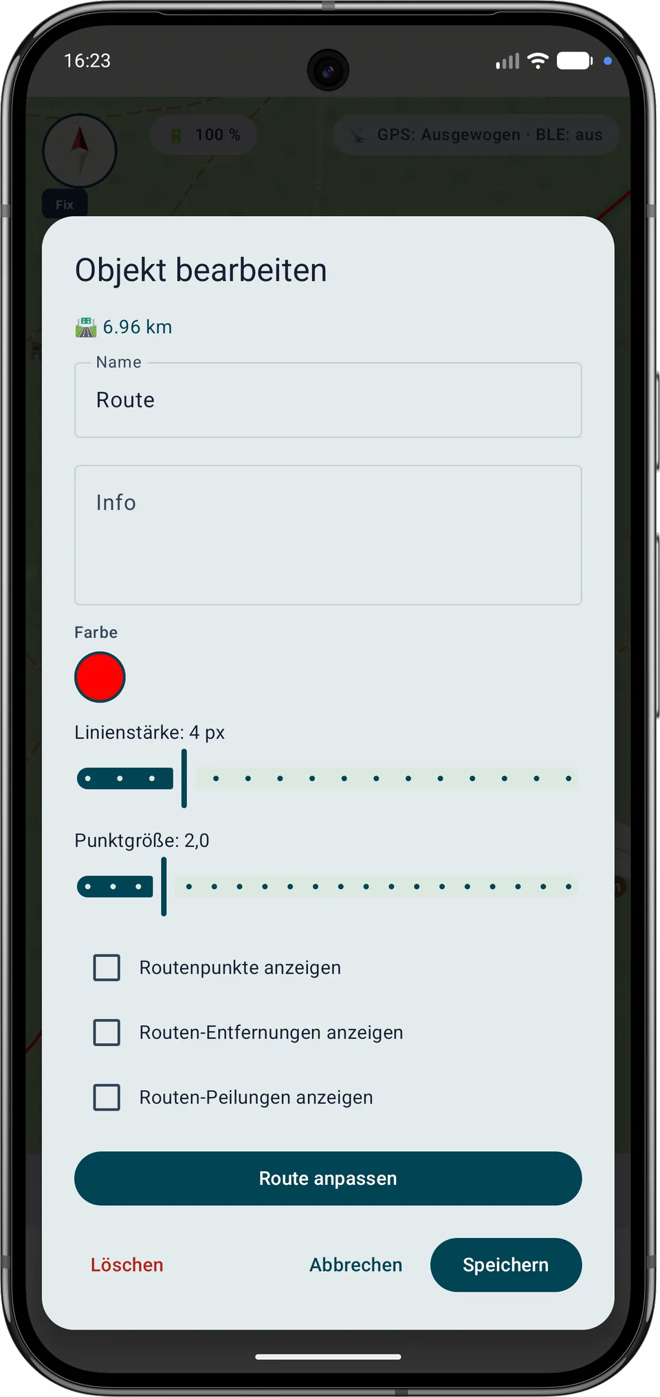 Dialog Objekt bearbeiten mit der Aktion Route anpassen