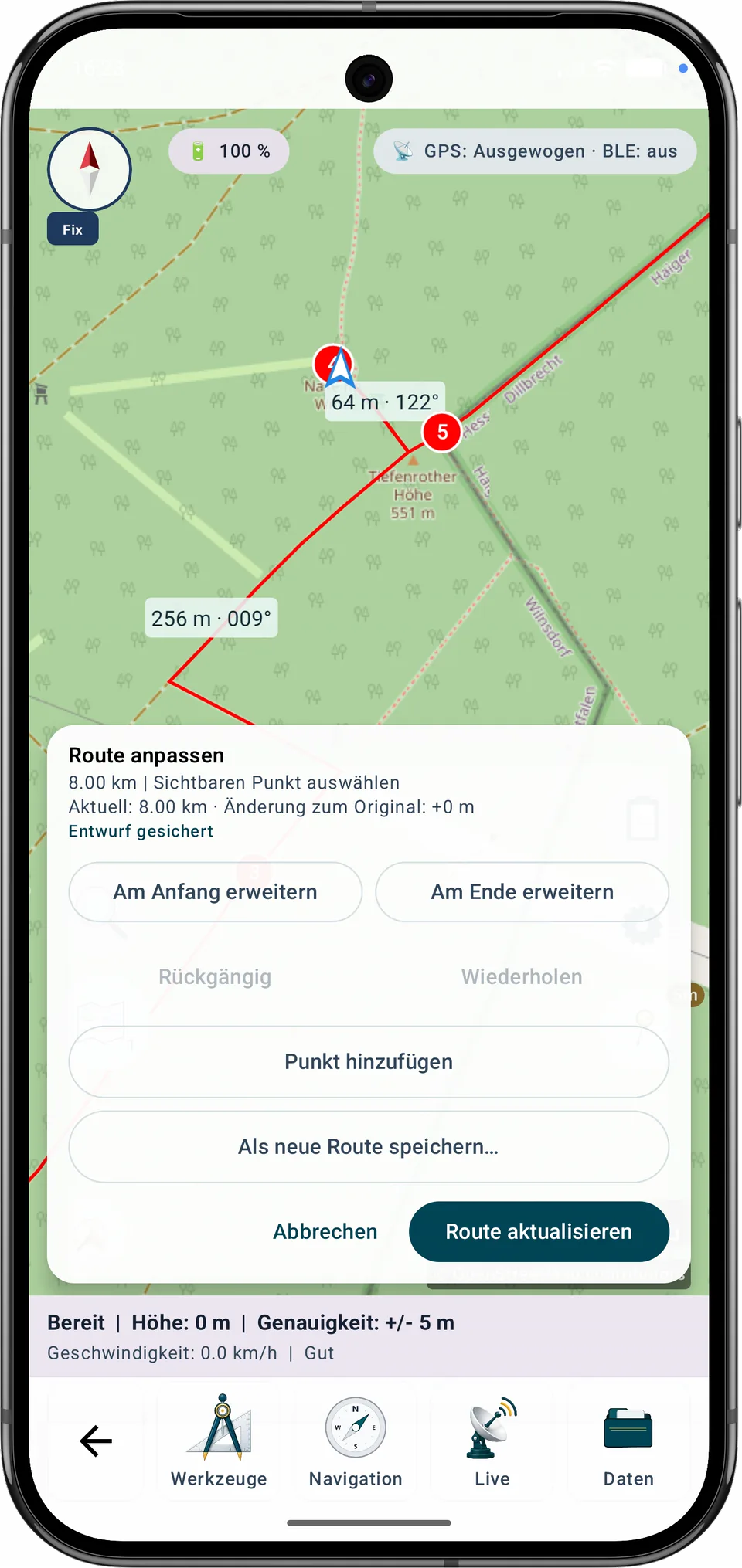 Anpassungsansicht mit nummerierten Routenpunkten