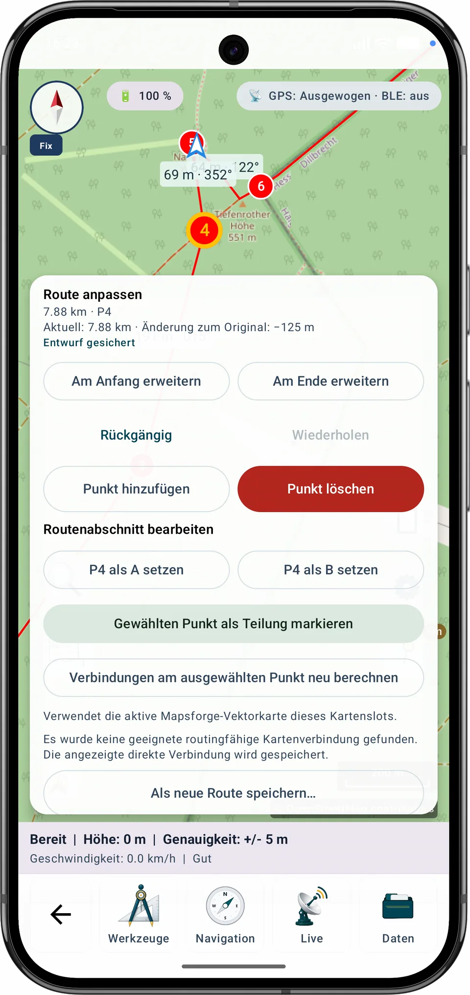 Route mit neu hinzugefügtem Punkt P4