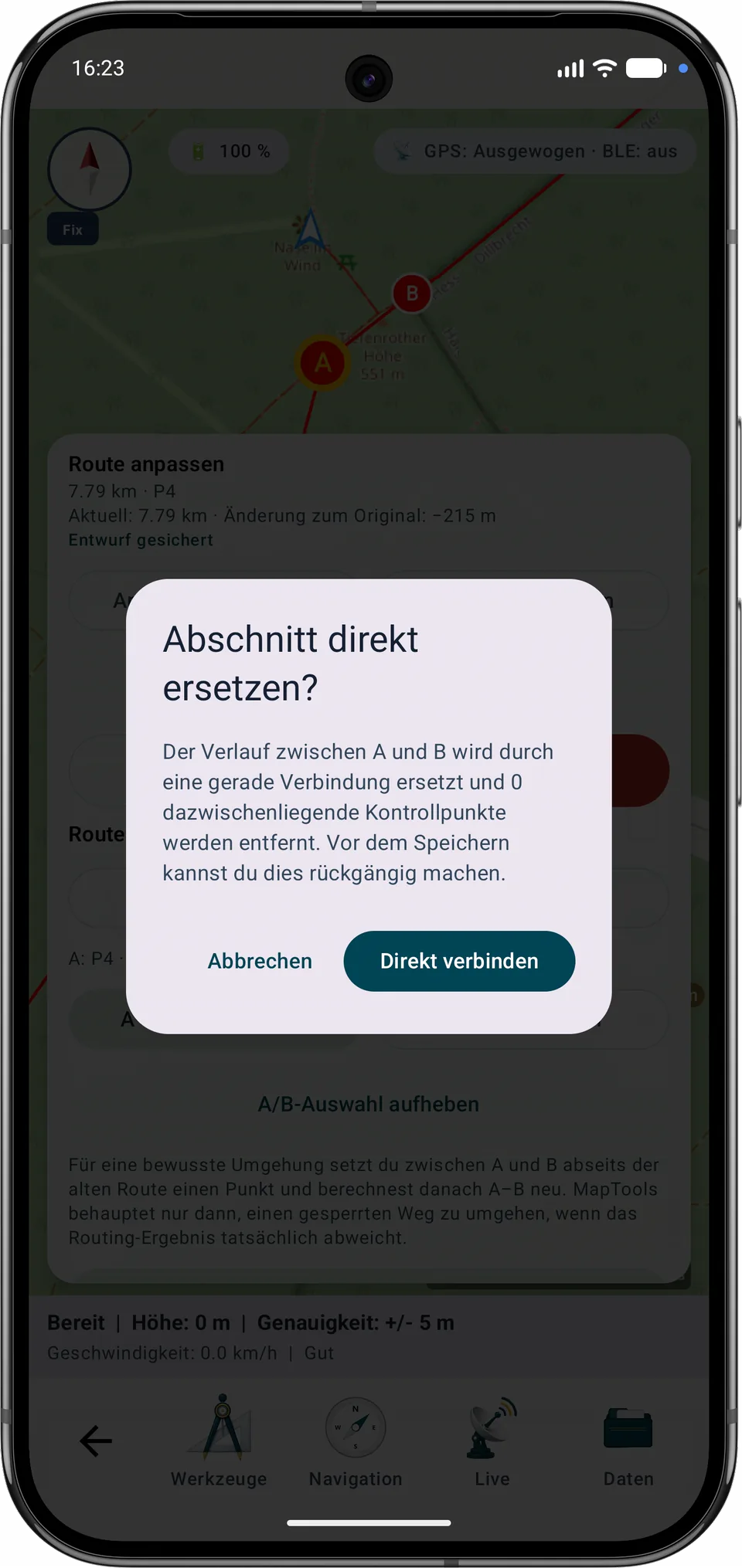 Bestätigung zum direkten Ersetzen des Abschnitts zwischen A und B