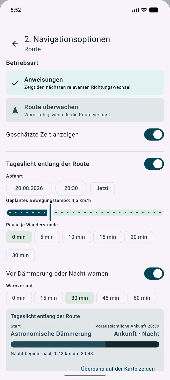 Navigationsoptionen mit Abfahrtszeit, Bewegungstempo, Pausen und Warnvorlauf