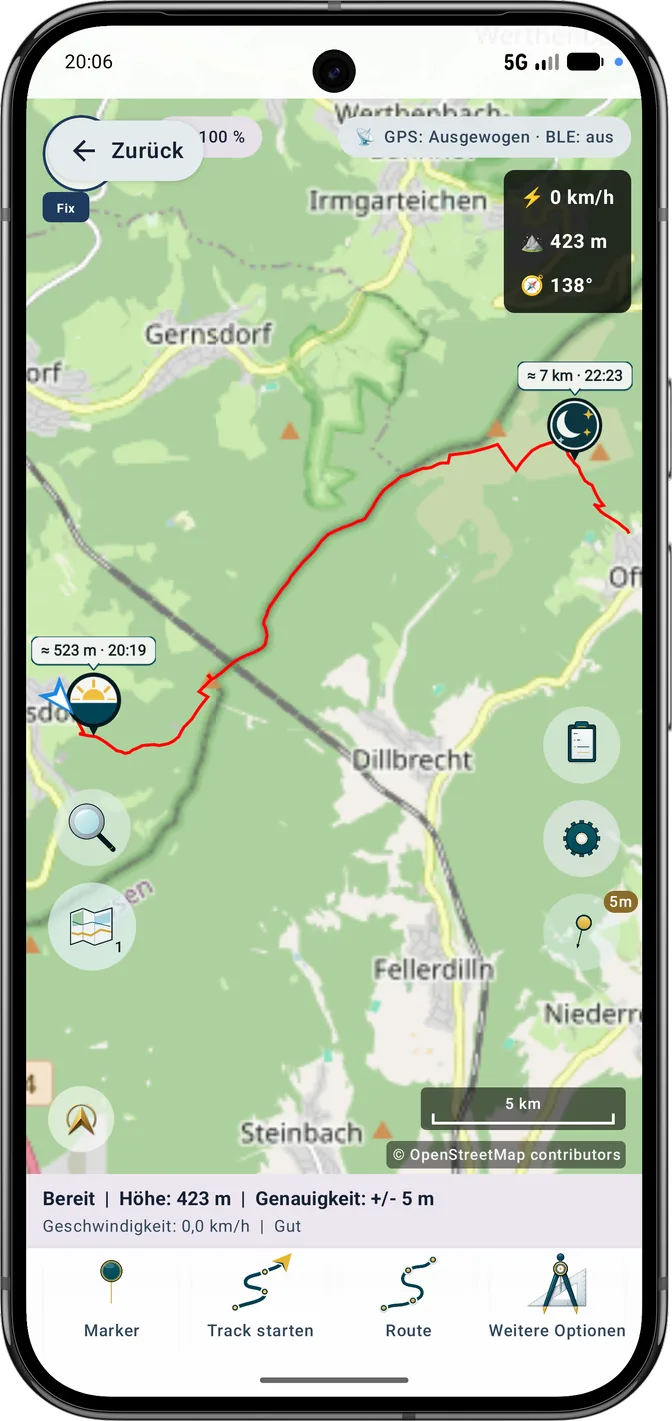 Gesamte Route mit Markern für Beginn der Dämmerung und der Nacht