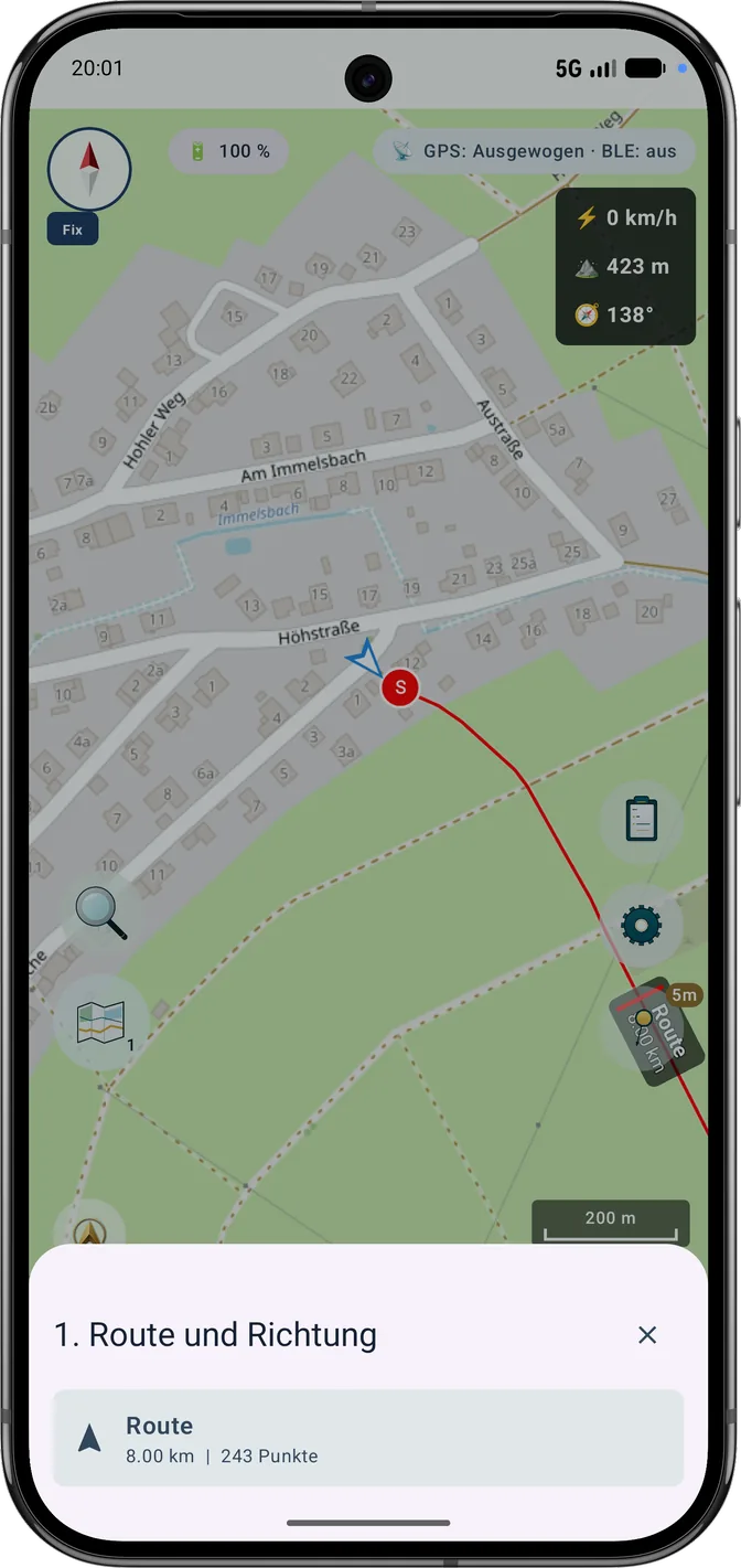 Routenauswahl mit einer ausgewählten Route