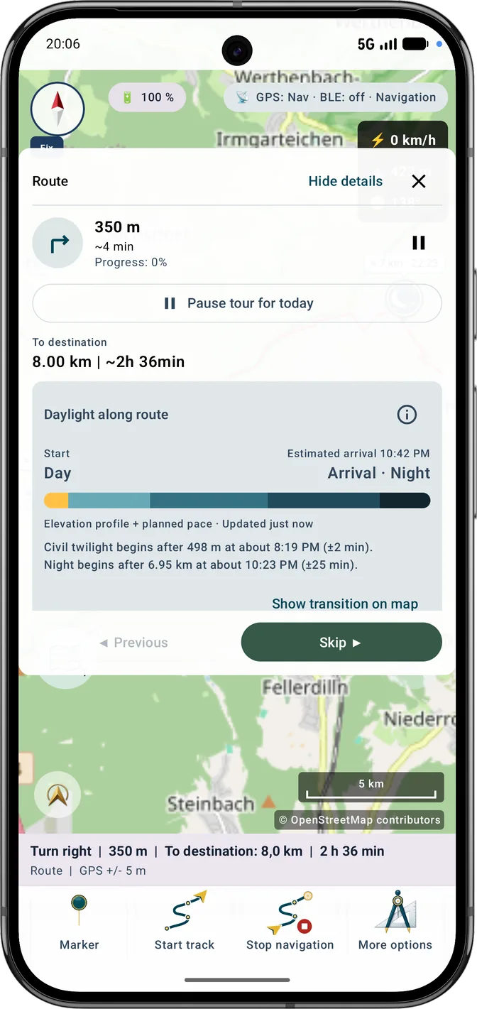 Aktivní navigace se světlem a nadcházejícími přechody
